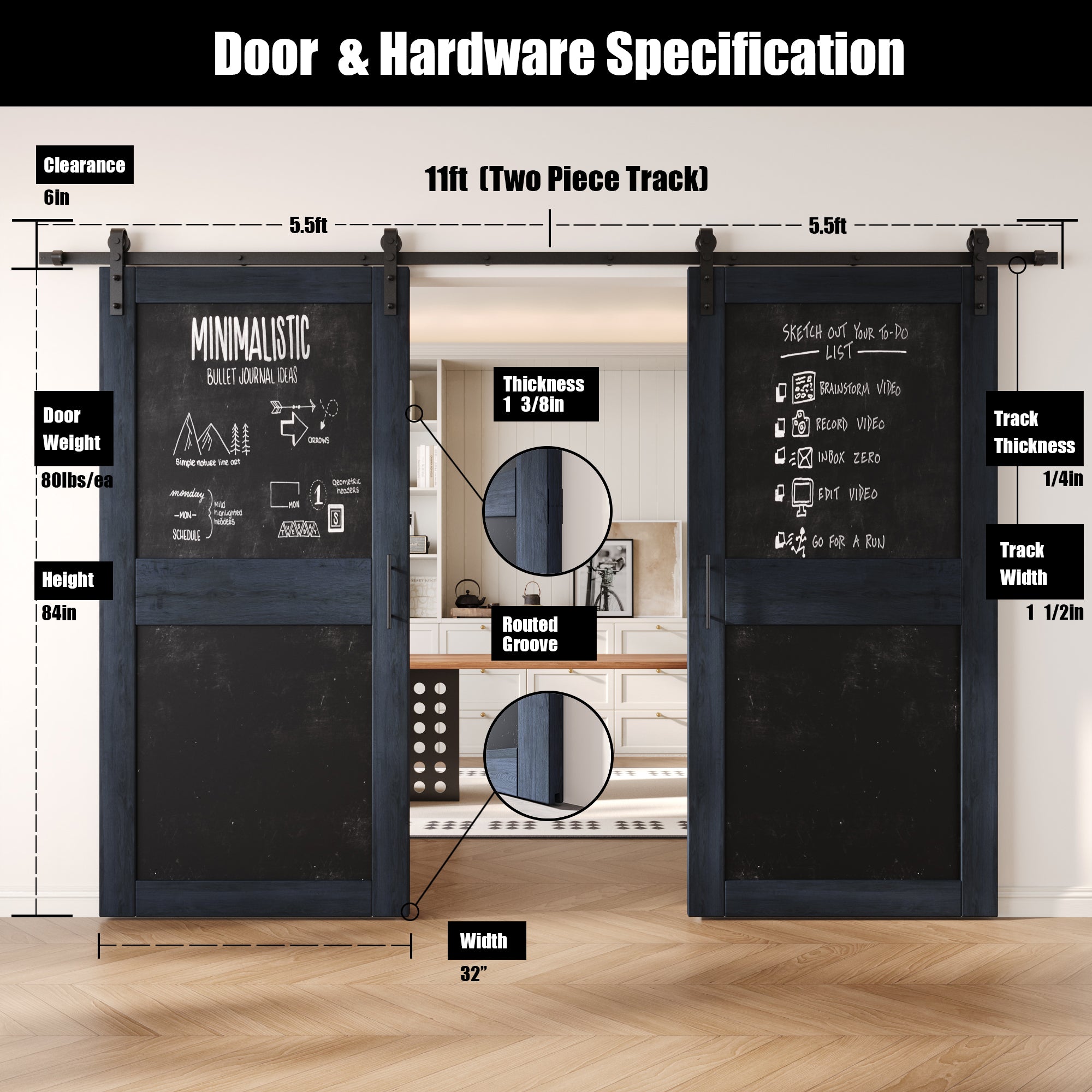 84" Height Navy Chalkboard Design Double Unassembled & Finished Pine Wood Barn Doors with Non-Bypass Installation Hardware Kit (Interior Use Only)