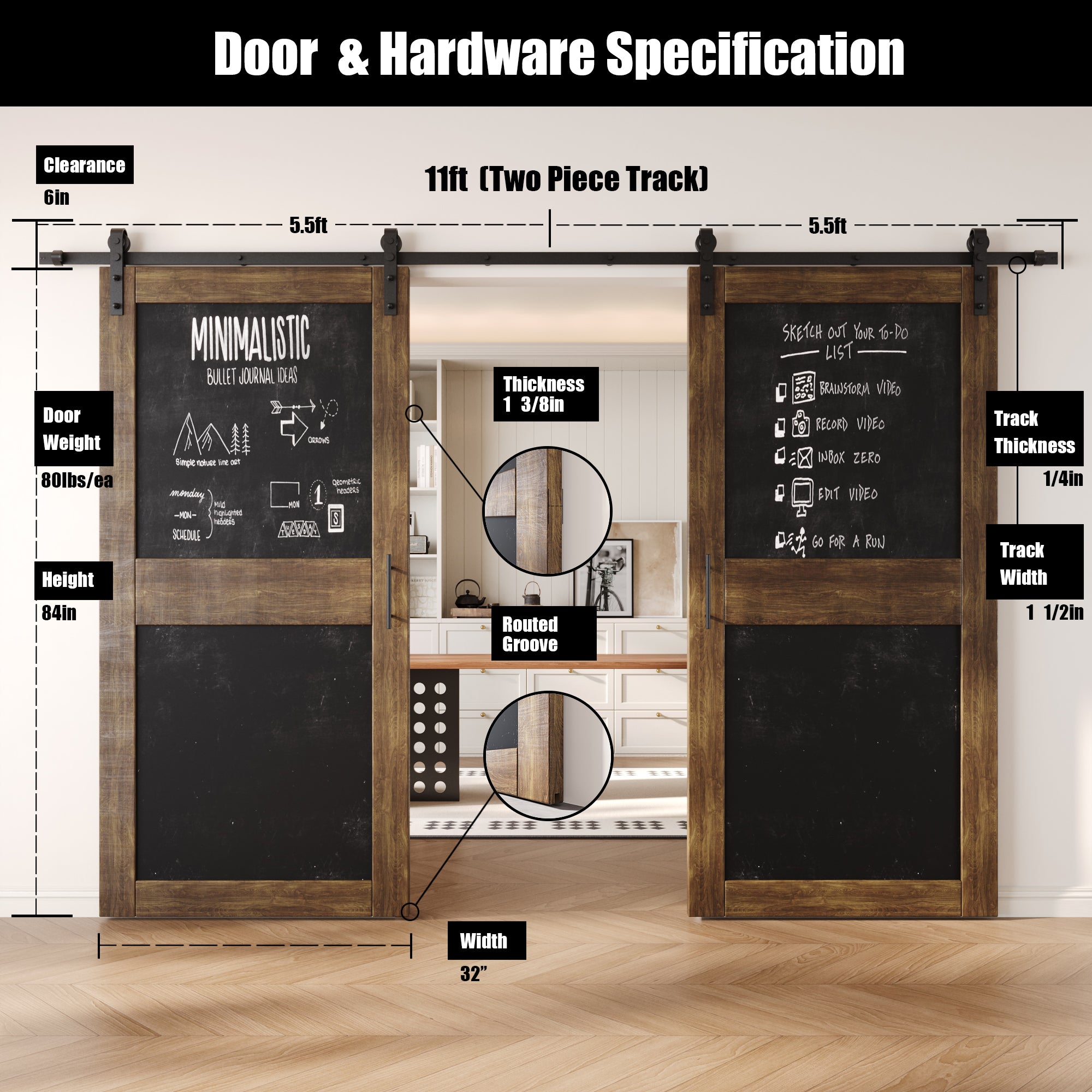 84" Height Dark Walnut Chalkboard Design Double Unassembled & Finished Pine Wood Barn Doors with Non-Bypass Installation Hardware Kit (Interior Use Only)