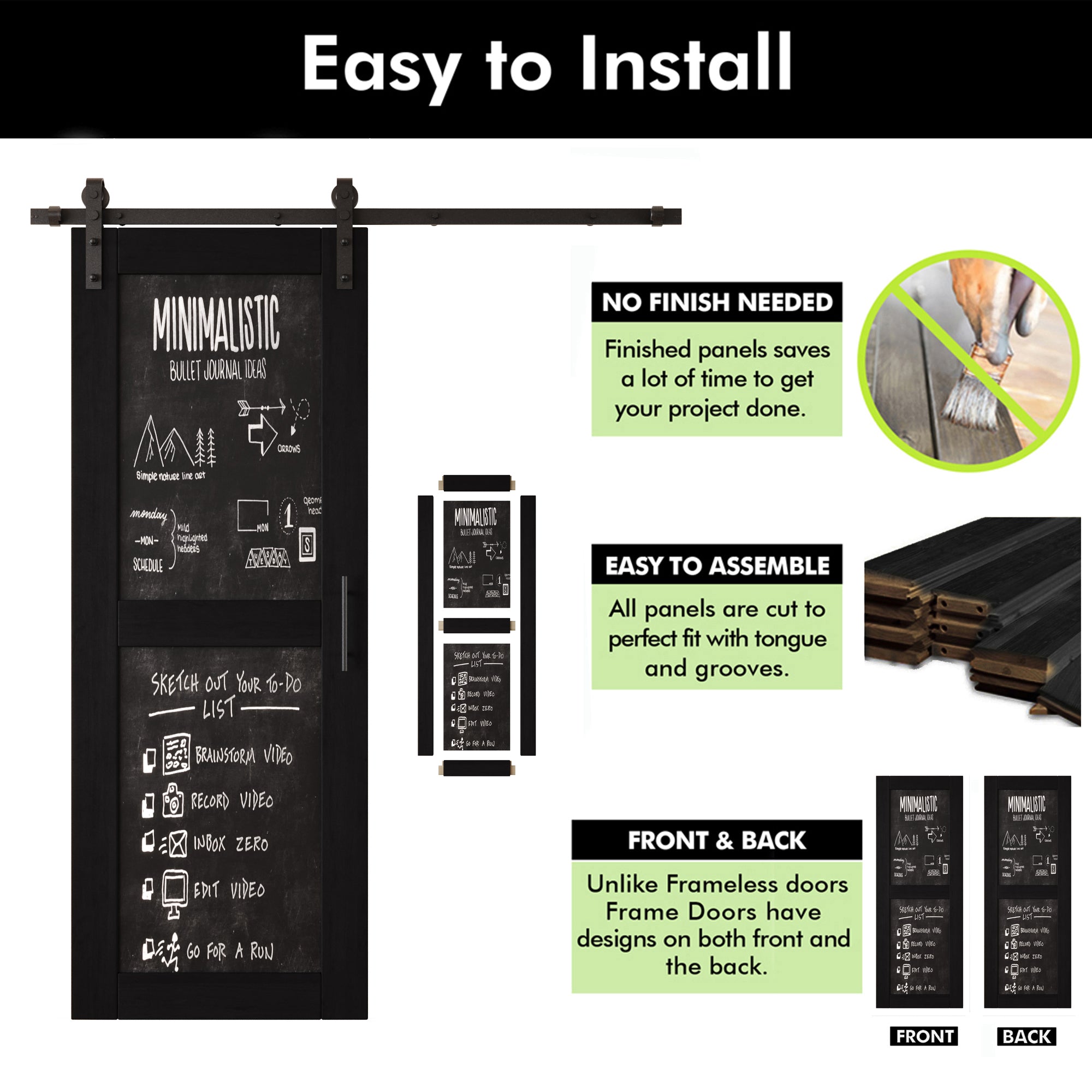 80" Height Black Chalkboard Design Double Unassembled & Finished Pine Wood Barn Doors with Non-Bypass Installation Hardware Kit (Interior Use Only)
