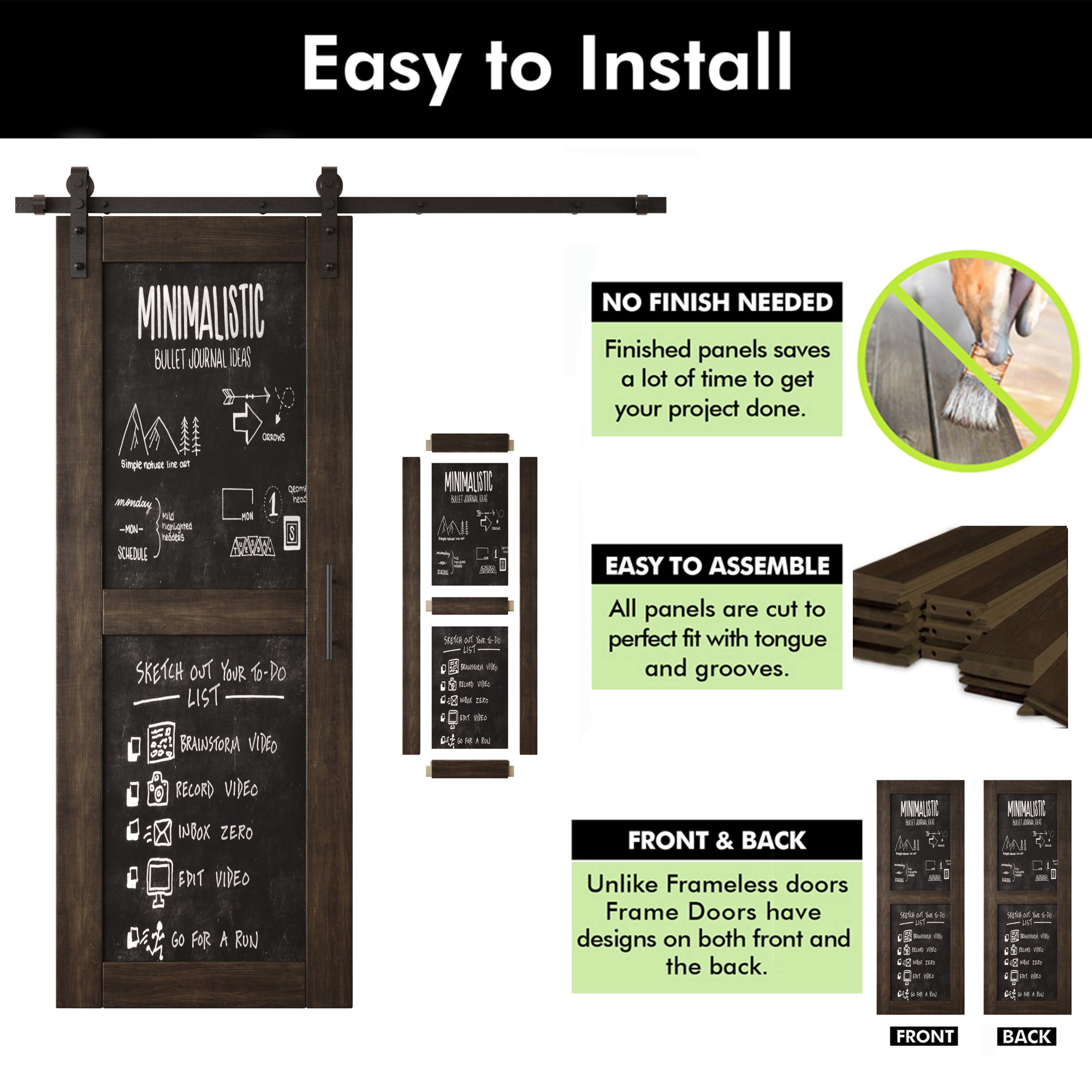 80" Height Ebony Chalkboard Design Double Unassembled & Finished Pine Wood Barn Doors with Non-Bypass Installation Hardware Kit (Interior Use Only)