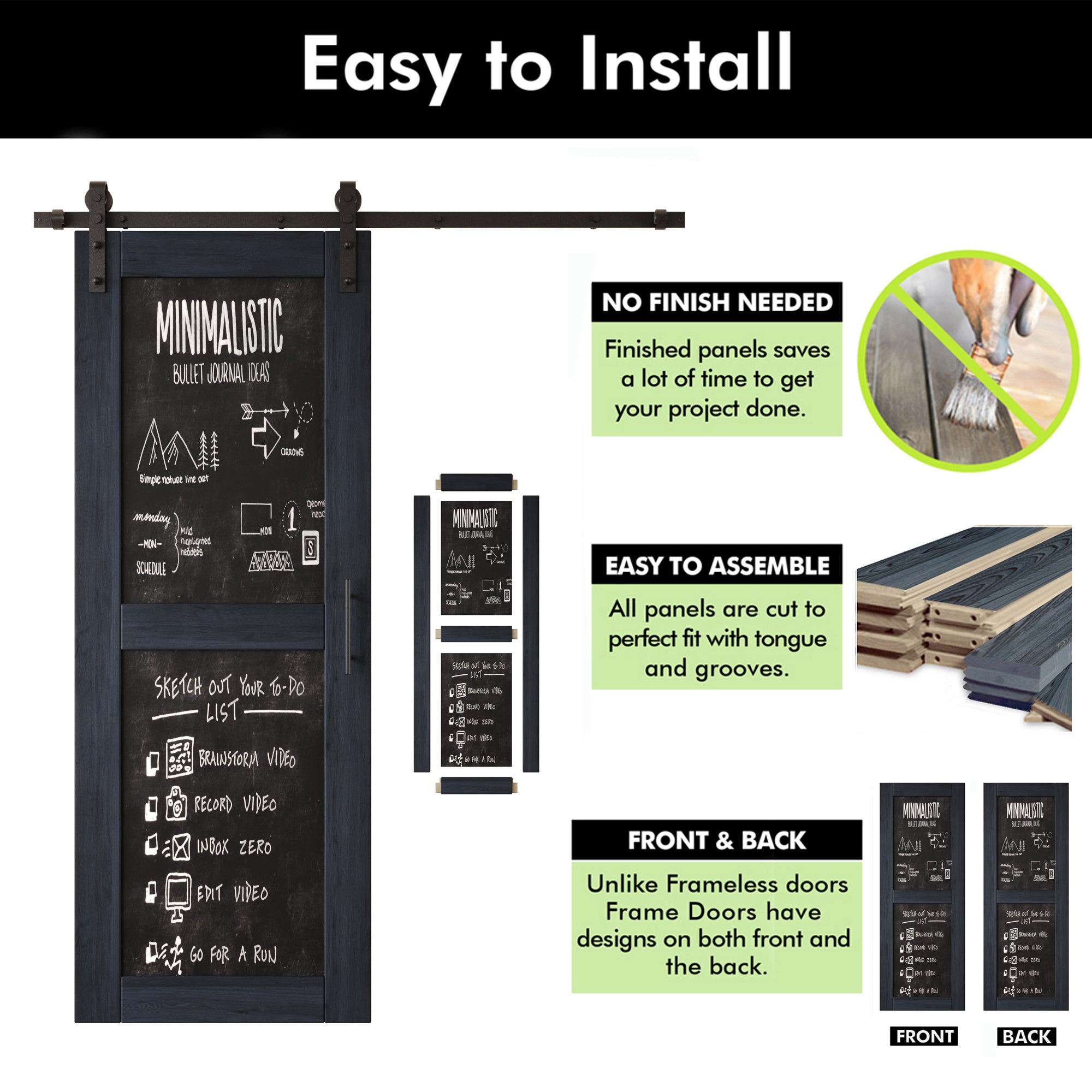 80" Height Navy Chalkboard Design Double Unassembled & Finished Pine Wood Barn Doors with Non-Bypass Installation Hardware Kit (Interior Use Only)