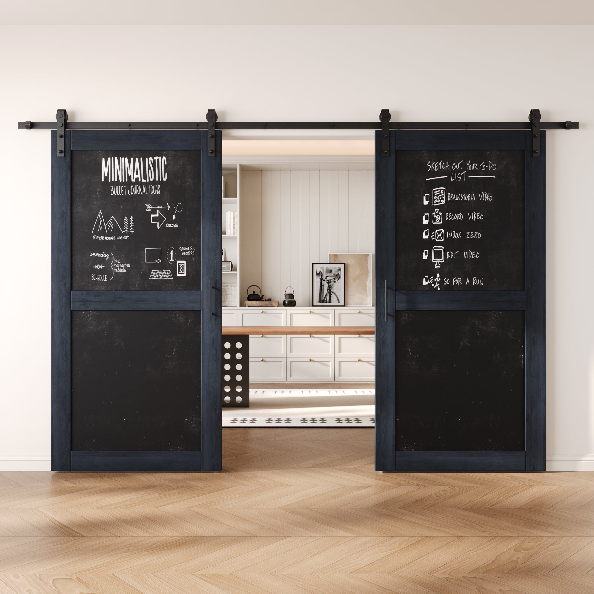 80" Height Navy Chalkboard Design Double Unassembled & Finished Pine Wood Barn Doors with Non-Bypass Installation Hardware Kit (Interior Use Only)