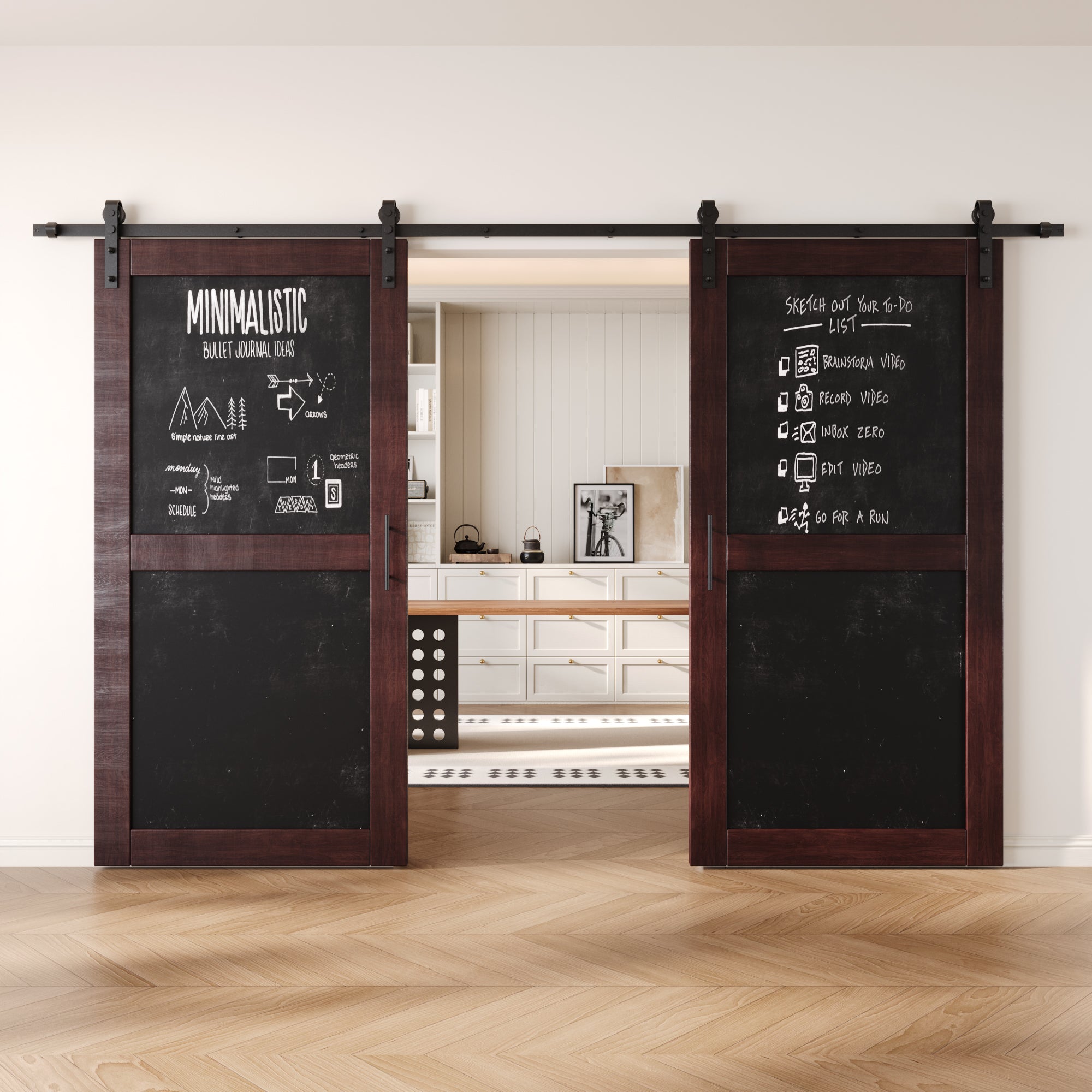 80" Height Red Mahogany Chalkboard Design Double Unassembled & Finished Pine Wood Barn Doors with Non-Bypass Installation Hardware Kit (Interior Use Only)