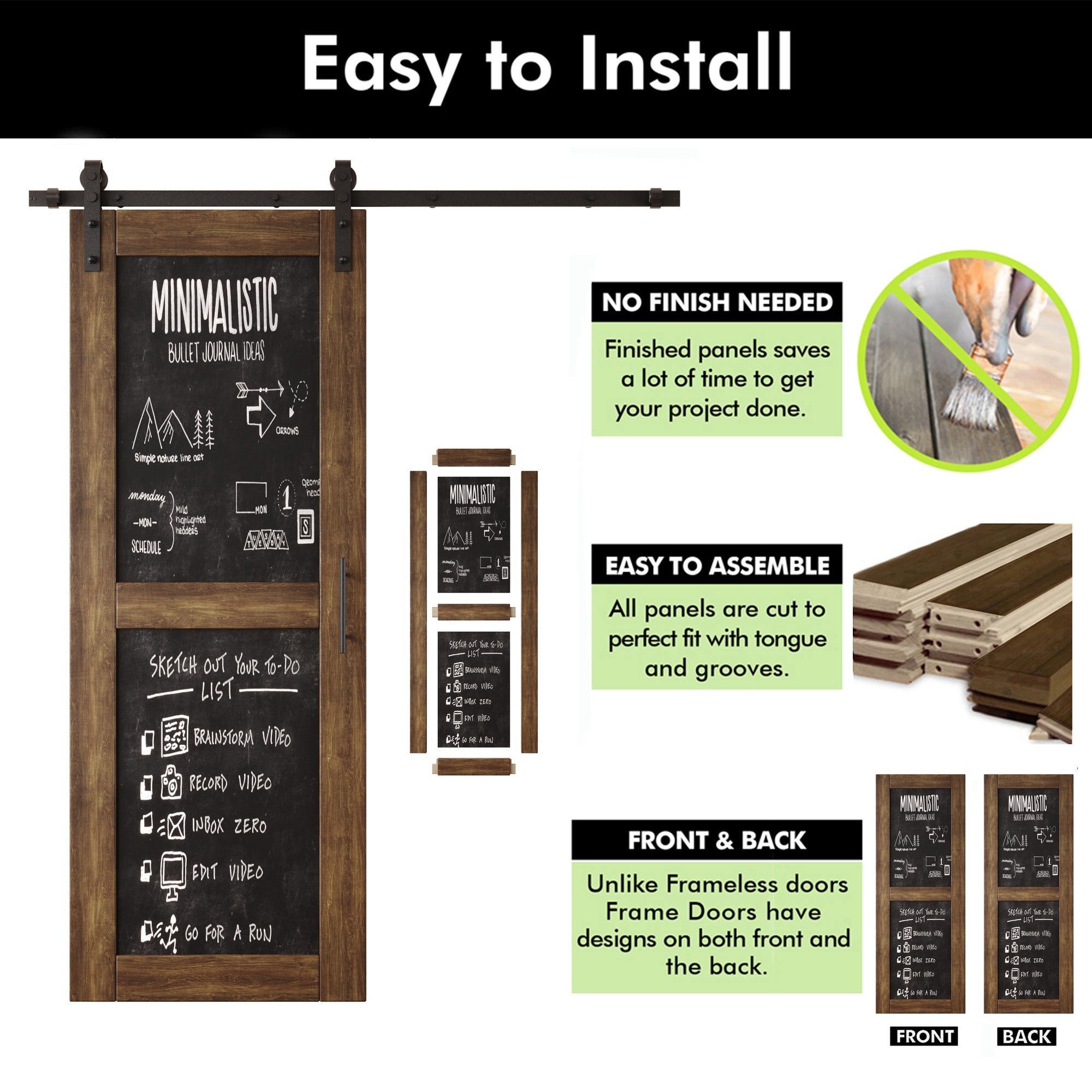 80" Height Dark Walnut Chalkboard Design Double Unassembled & Finished Pine Wood Barn Doors with Non-Bypass Installation Hardware Kit (Interior Use Only)