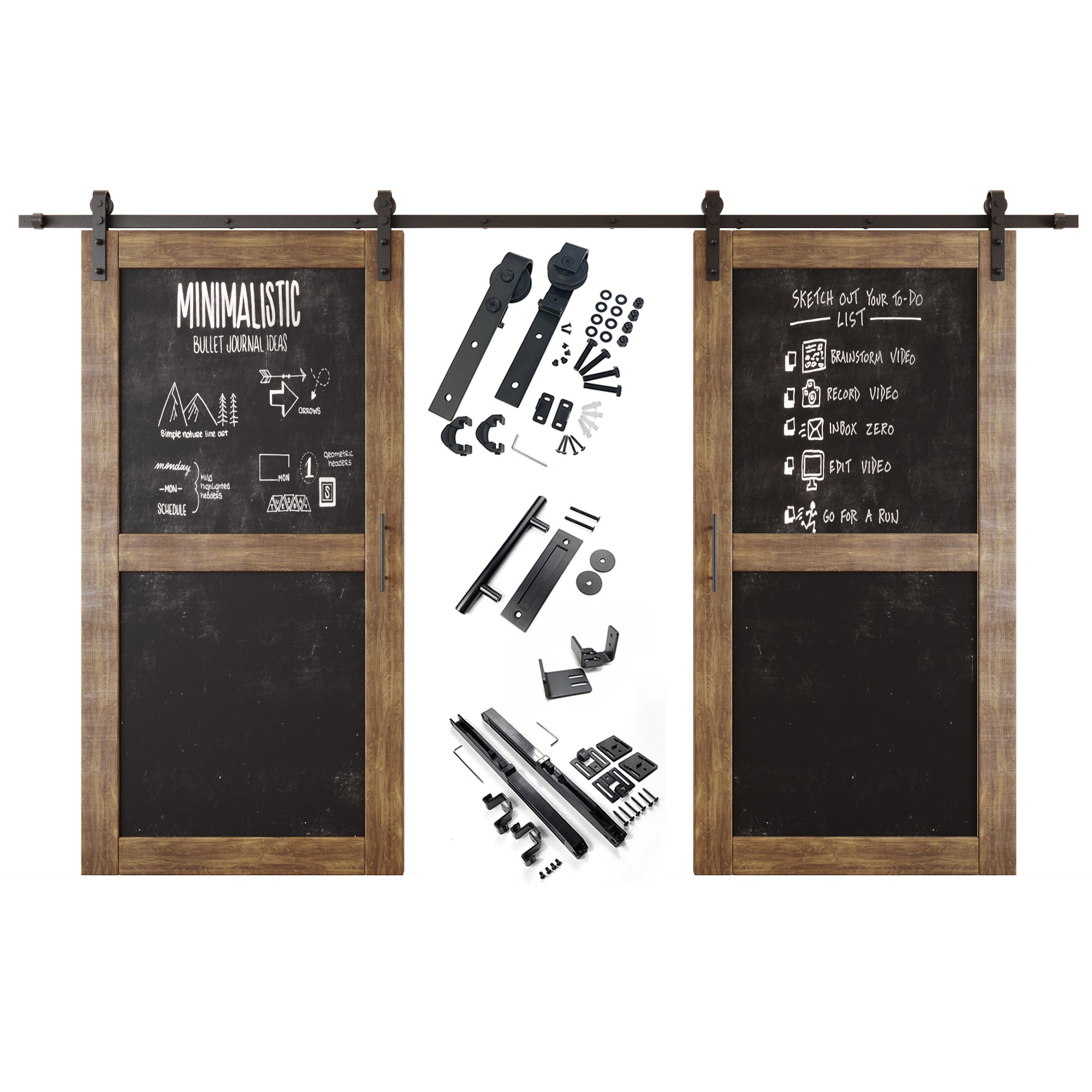 80" Height Dark Walnut Chalkboard Design Double Unassembled & Finished Pine Wood Barn Doors with Non-Bypass Installation Hardware Kit (Interior Use Only)