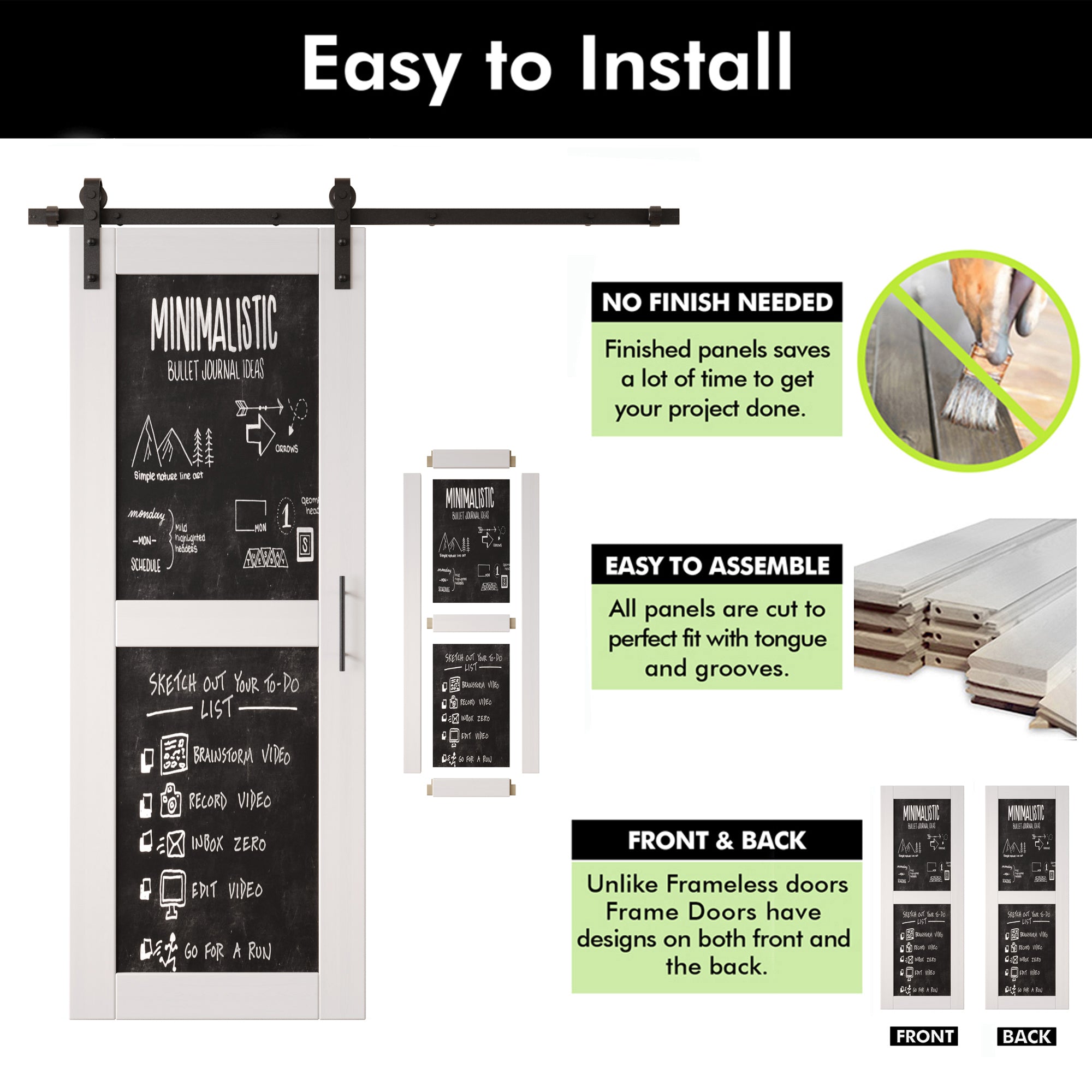80" Height White Chalkboard Design Double Unassembled & Finished Pine Wood Barn Doors with Non-Bypass Installation Hardware Kit (Interior Use Only)