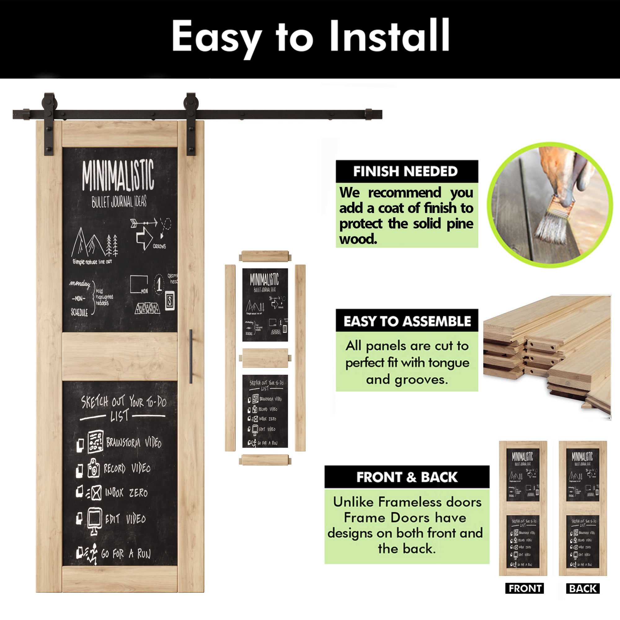 84" Height Chalkboard Design Double Unassembled & Unfinished Pine Wood Barn Doors with Non-Bypass Installation Hardware Kit (Interior Use Only)
