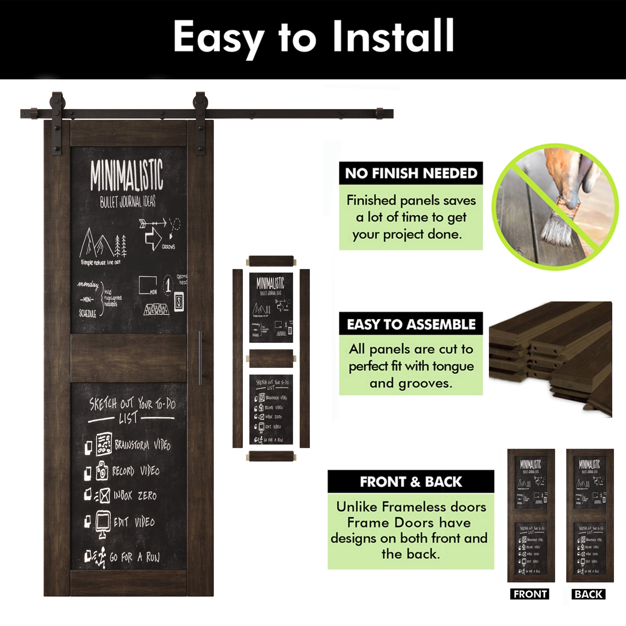 84" Height Ebony Chalkboard Design Double Unassembled & Finished Pine Wood Barn Doors with Non-Bypass Installation Hardware Kit (Interior Use Only)