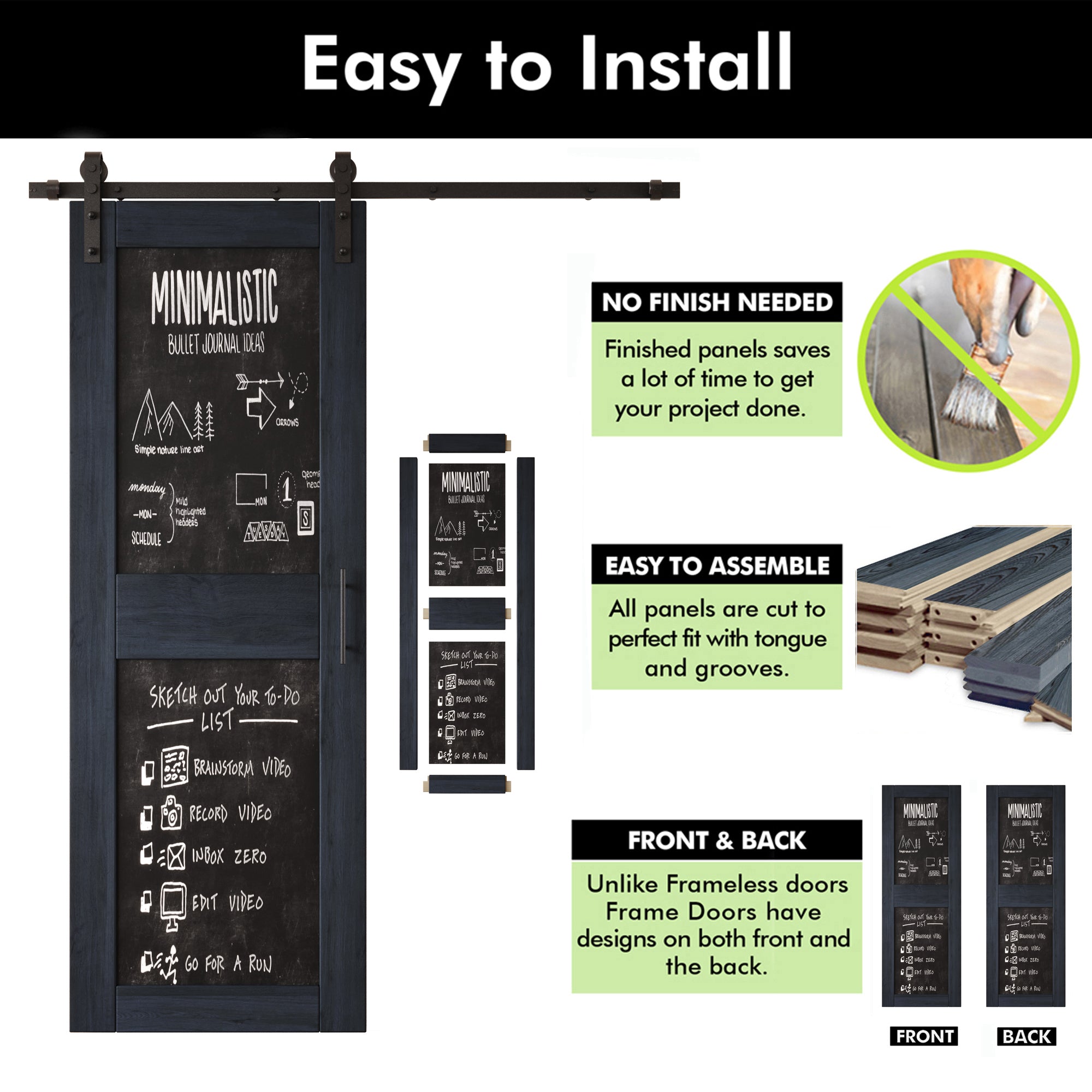 84" Height Navy Chalkboard Design Double Unassembled & Finished Pine Wood Barn Doors with Non-Bypass Installation Hardware Kit (Interior Use Only)