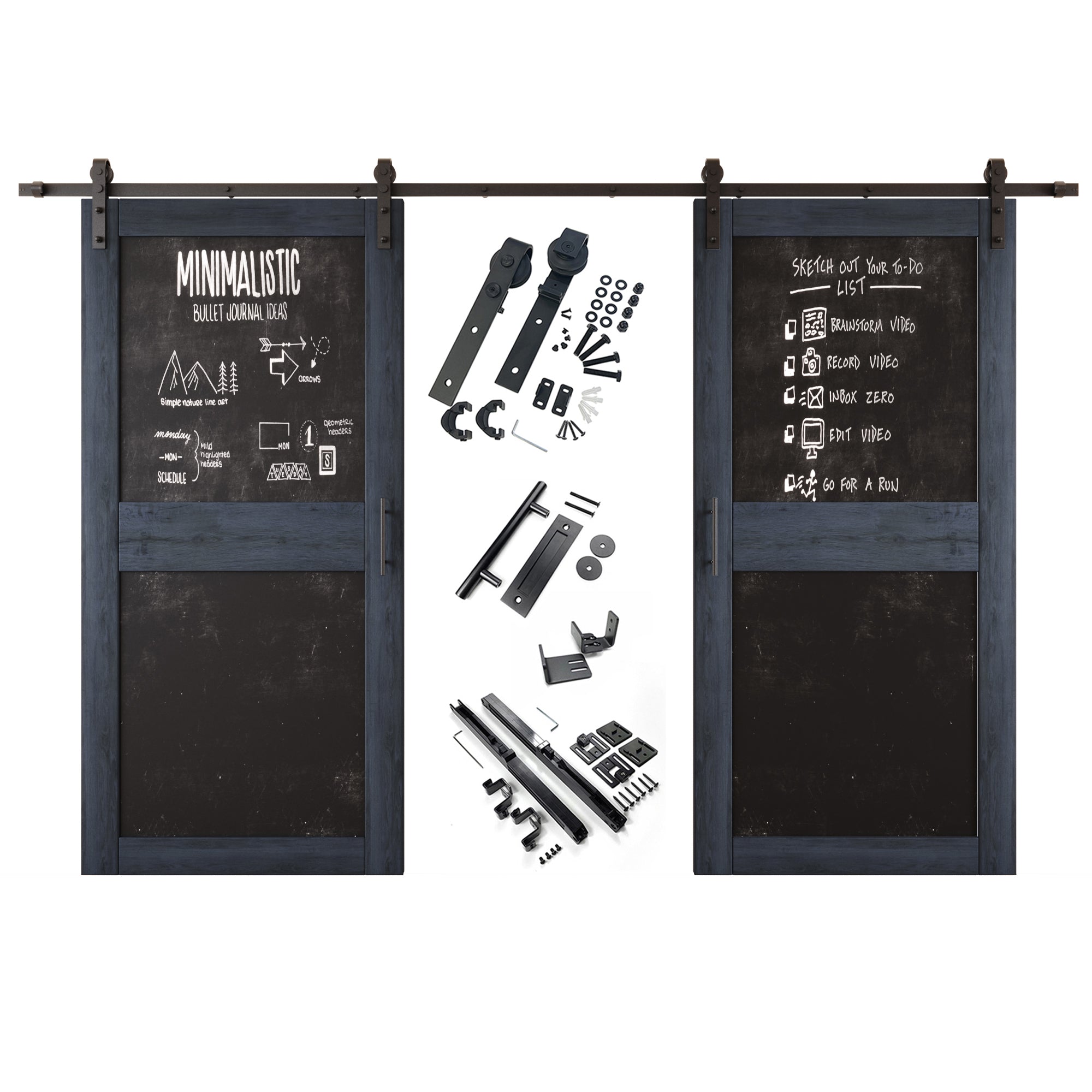 84" Height Navy Chalkboard Design Double Unassembled & Finished Pine Wood Barn Doors with Non-Bypass Installation Hardware Kit (Interior Use Only)