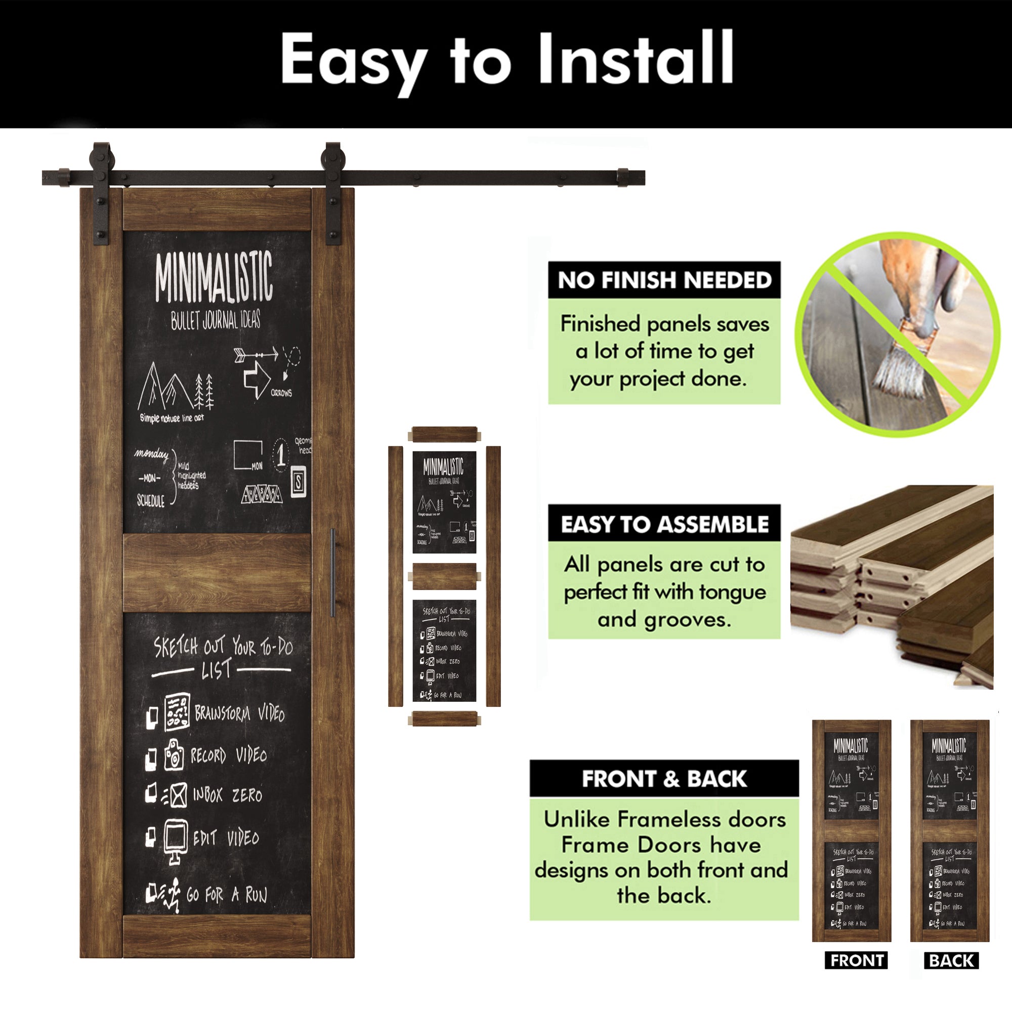 84" Height Dark Walnut Chalkboard Design Double Unassembled & Finished Pine Wood Barn Doors with Non-Bypass Installation Hardware Kit (Interior Use Only)