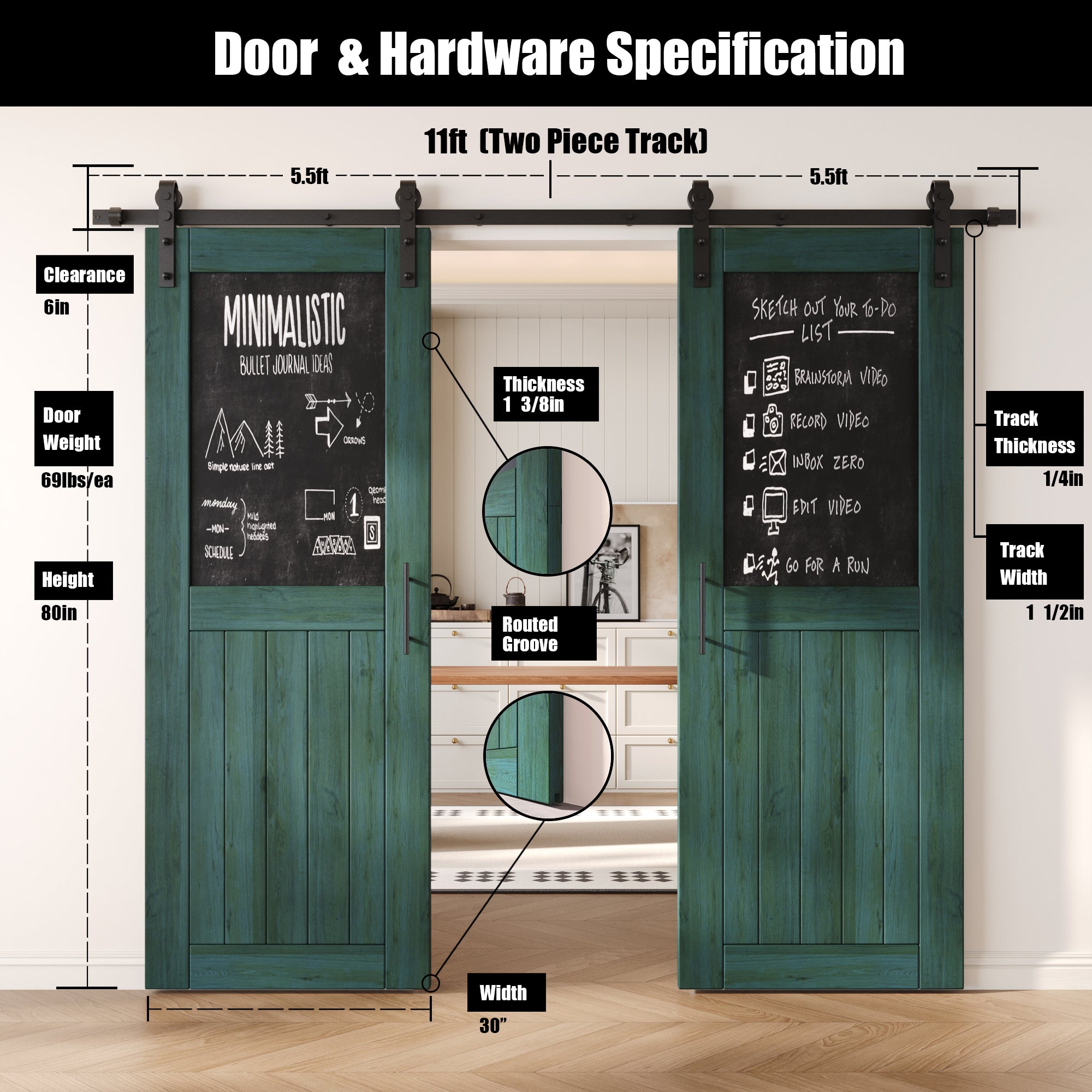 80" Height Royal Pine Top Chalkboard Panel Double Unassembled & Finished Pine Wood Barn Doors with Non-Bypass Installation Hardware Kit (Interior Use Only)