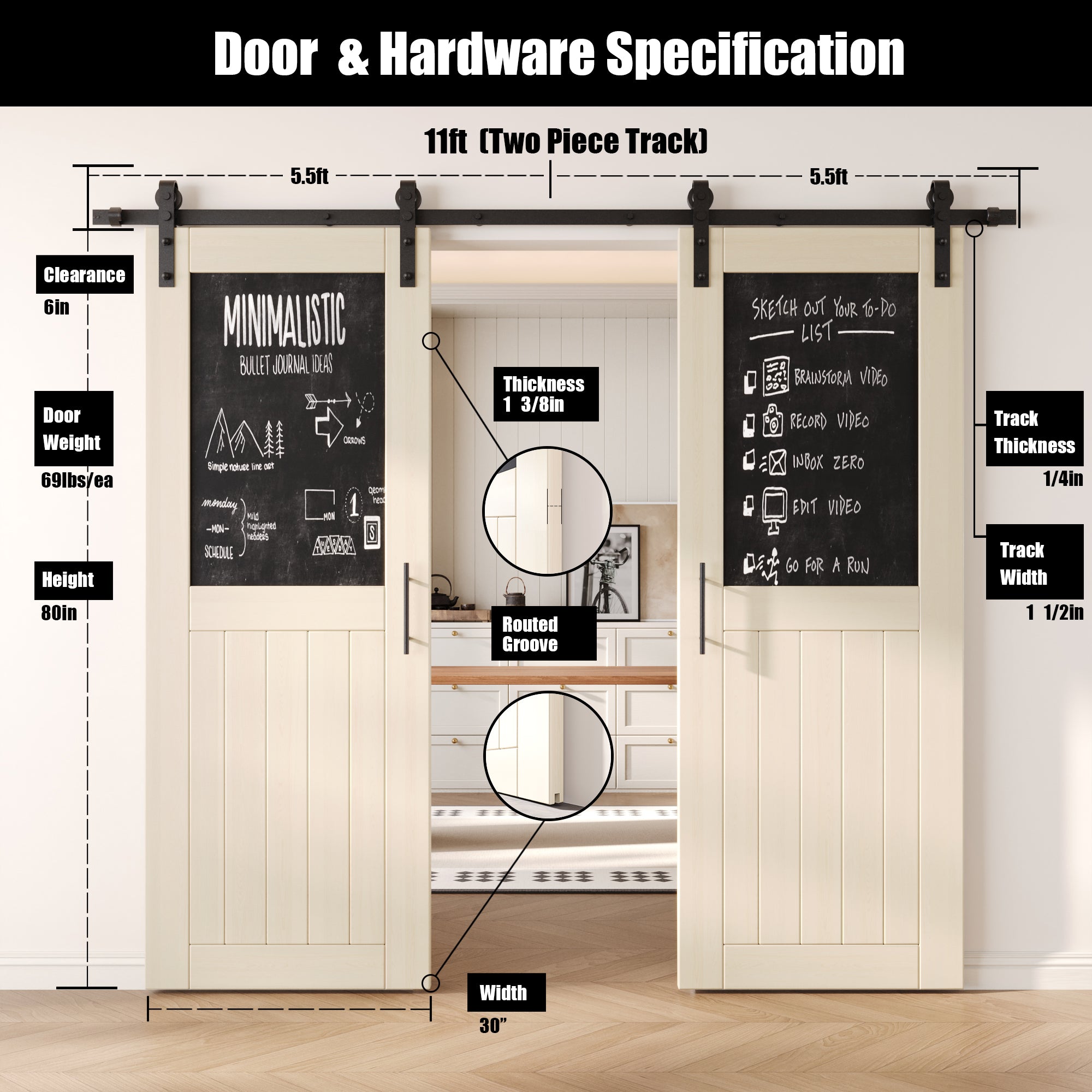 80" Height Tinsmith Gray Top Chalkboard Panel Double Unassembled & Finished Pine Wood Barn Doors with Non-Bypass Installation Hardware Kit (Interior Use Only)
