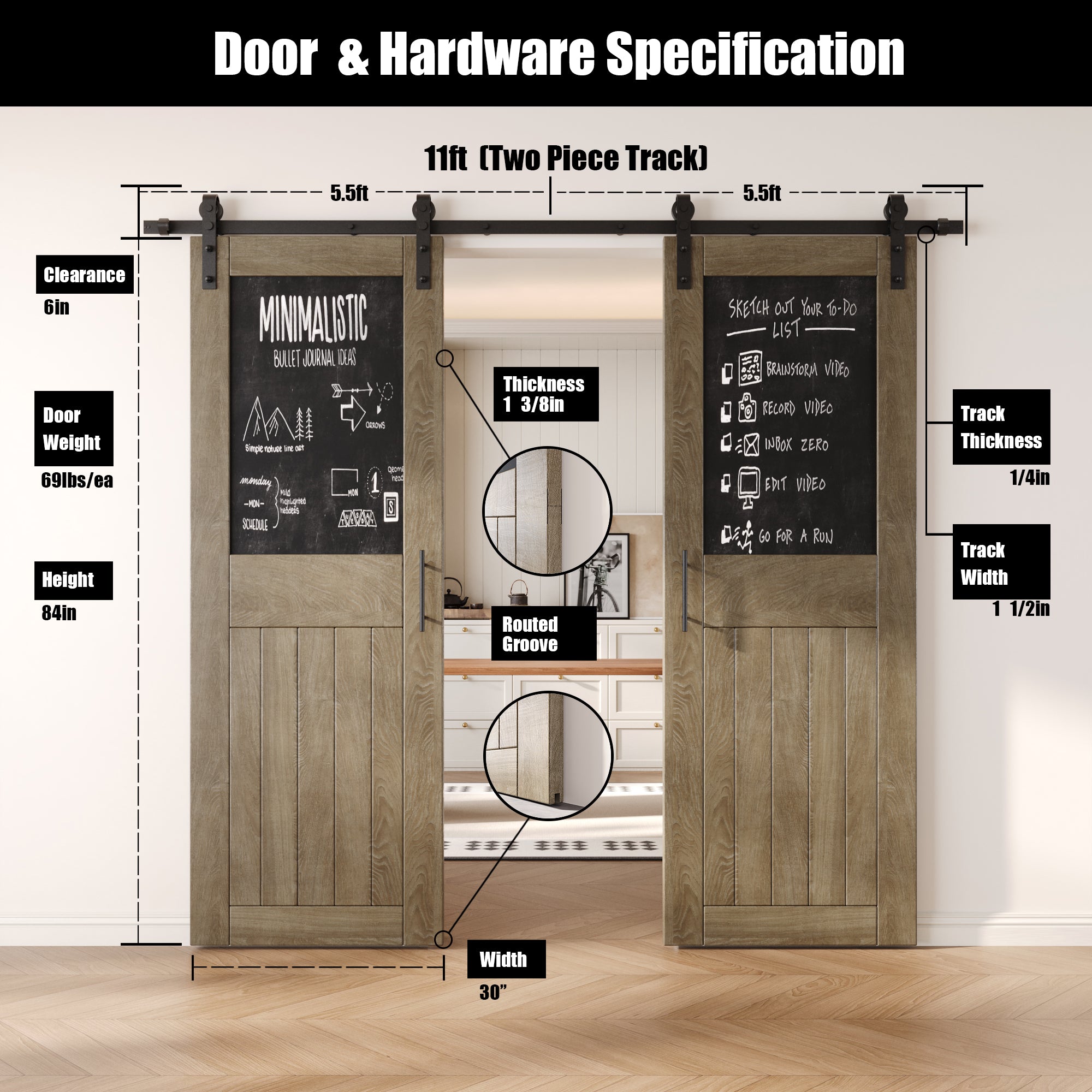 84" Height Classic Gray Top Chalkboard Panel Double Unassembled & Finished Pine Wood Barn Doors with Non-Bypass Installation Hardware Kit (Interior Use Only)
