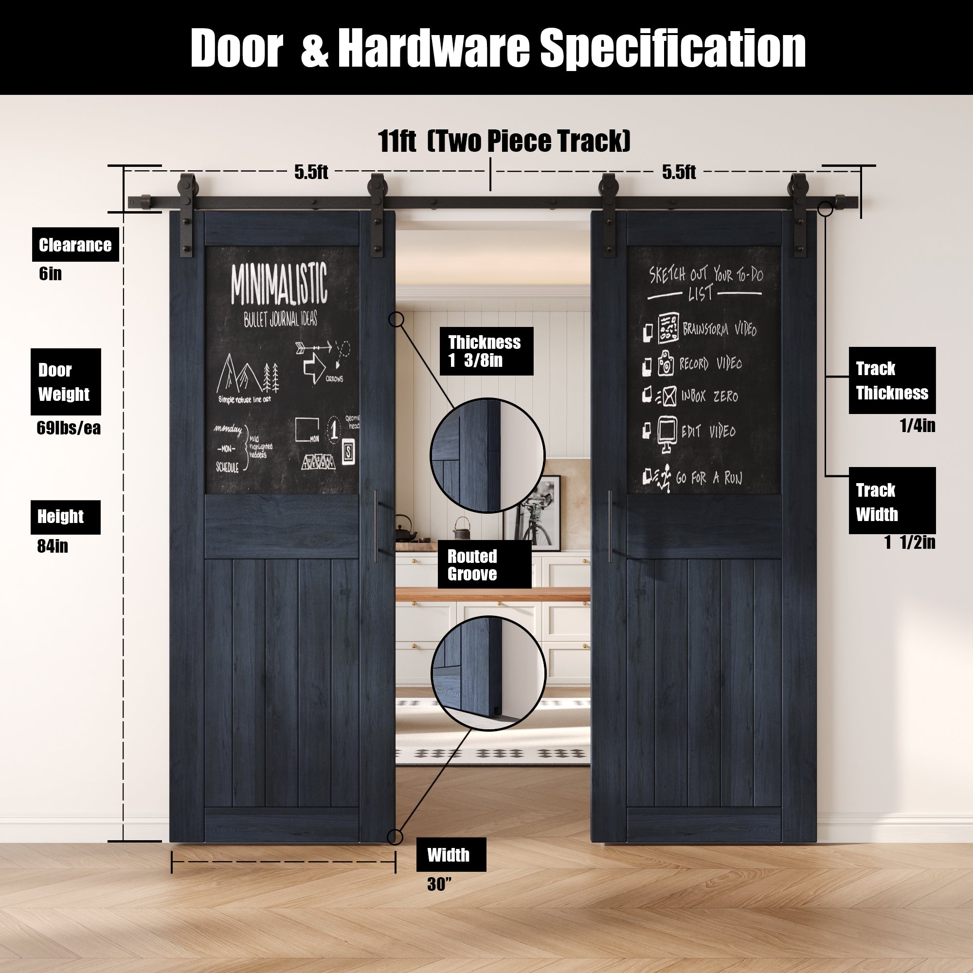 84" Height Navy Top Chalkboard Panel Double Unassembled & Finished Pine Wood Barn Doors with Non-Bypass Installation Hardware Kit (Interior Use Only)