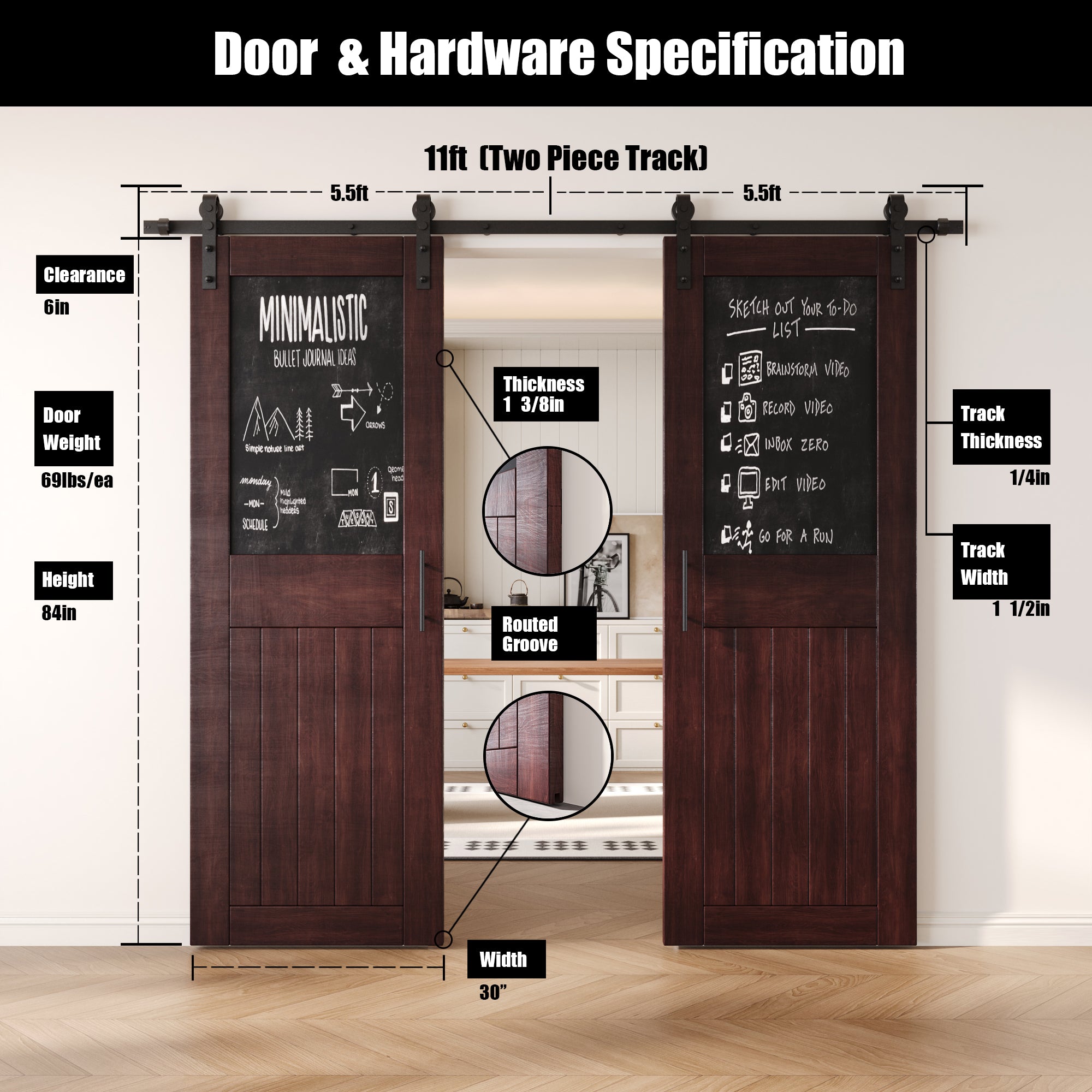 84" Height Red Mahogany Top Chalkboard Panel Double Unassembled & Finished Pine Wood Barn Doors with Non-Bypass Installation Hardware Kit (Interior Use Only)