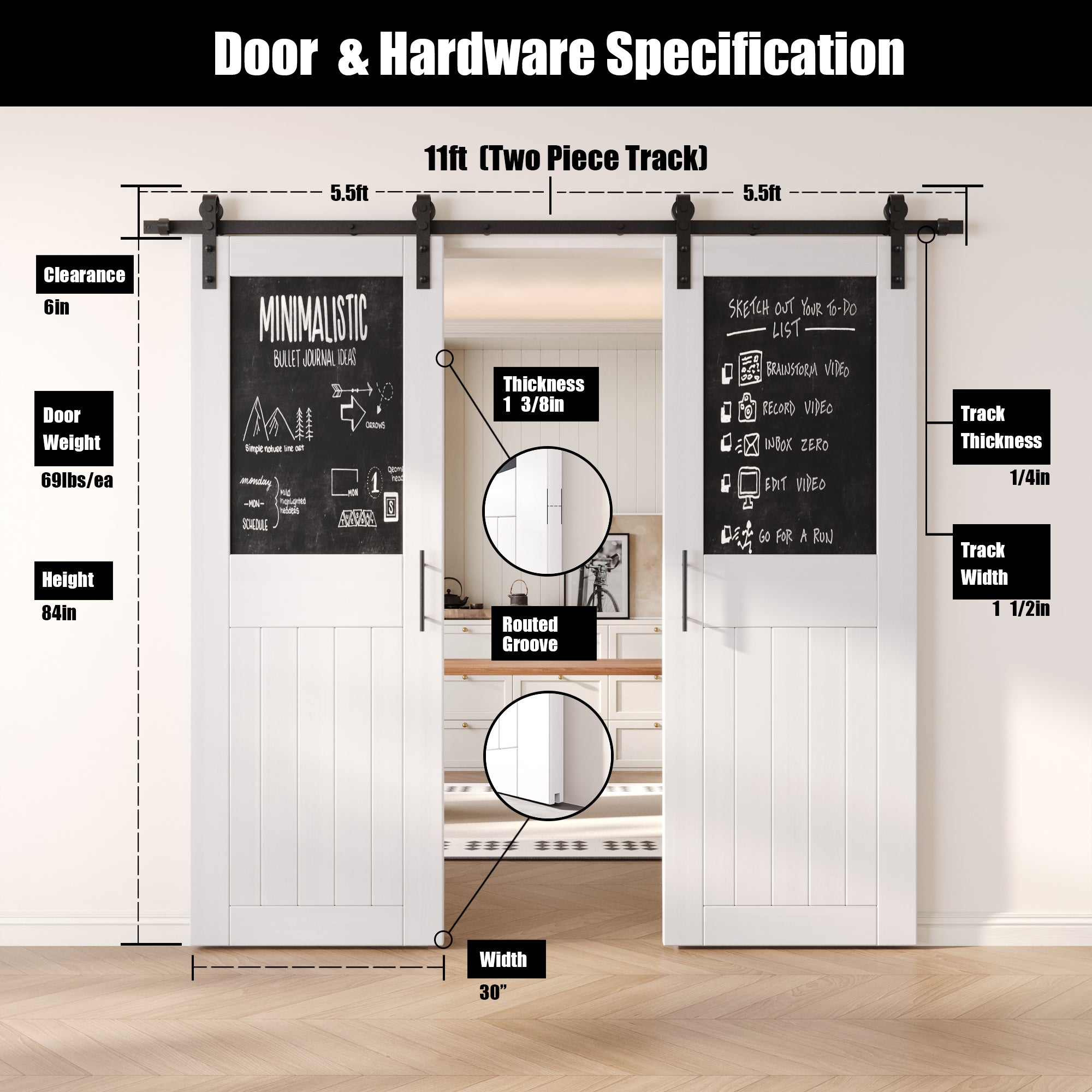 84" Height White Top Chalkboard Panel Double Unassembled & Finished Pine Wood Barn Doors with Non-Bypass Installation Hardware Kit (Interior Use Only)