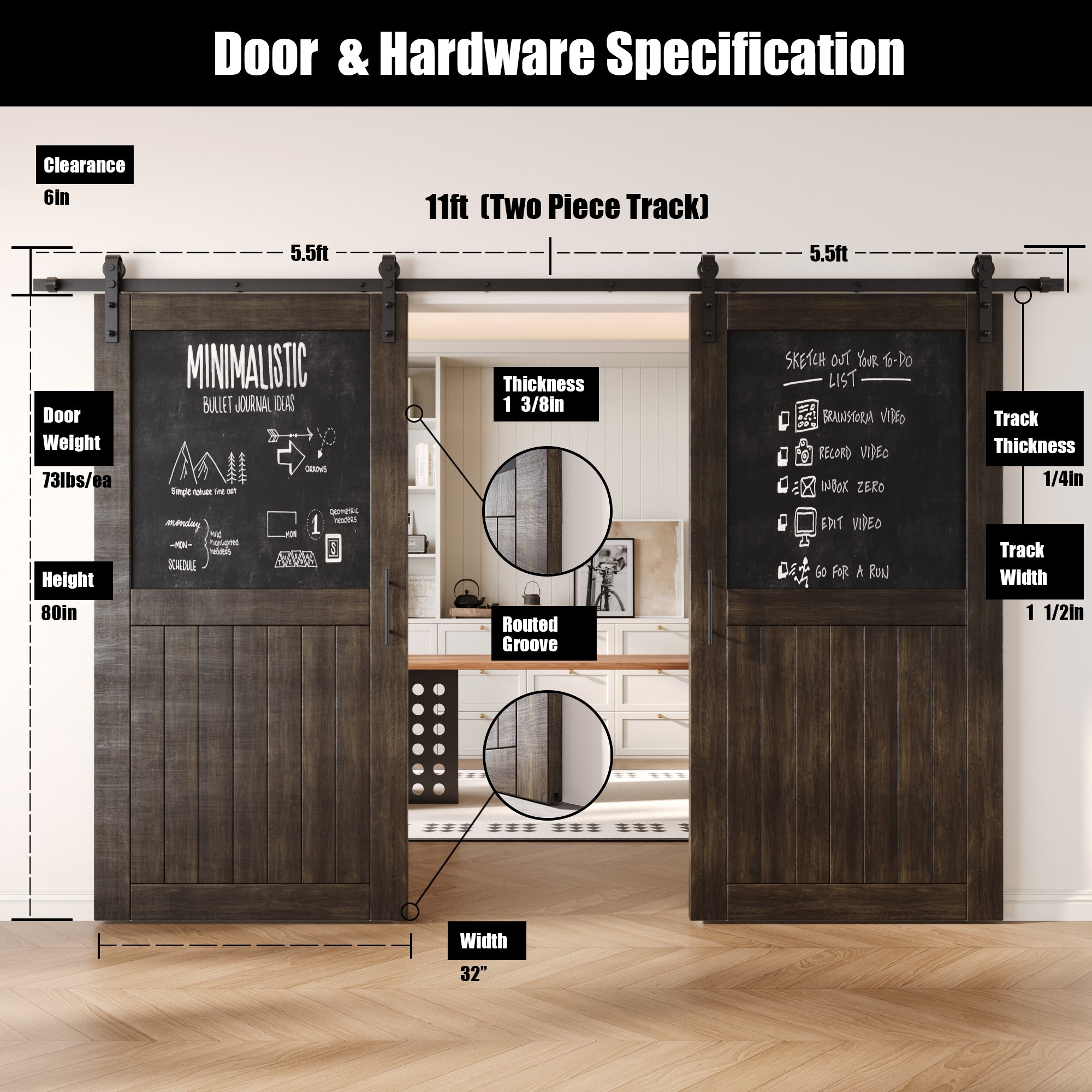 80" Height Ebony Top Chalkboard Panel Double Unassembled & Finished Pine Wood Barn Doors with Non-Bypass Installation Hardware Kit (Interior Use Only)