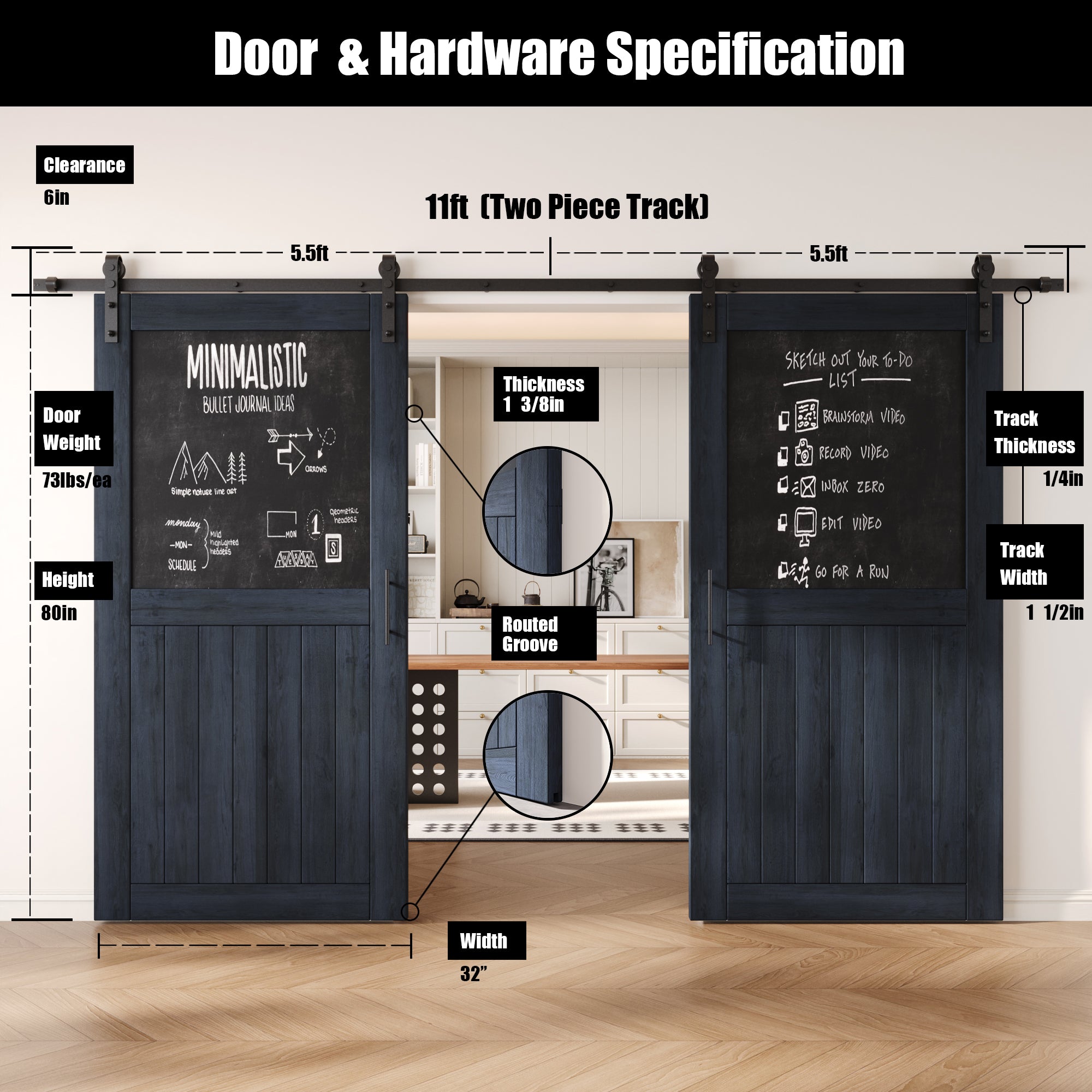 80" Height Navy Top Chalkboard Panel Double Unassembled & Finished Pine Wood Barn Doors with Non-Bypass Installation Hardware Kit (Interior Use Only)