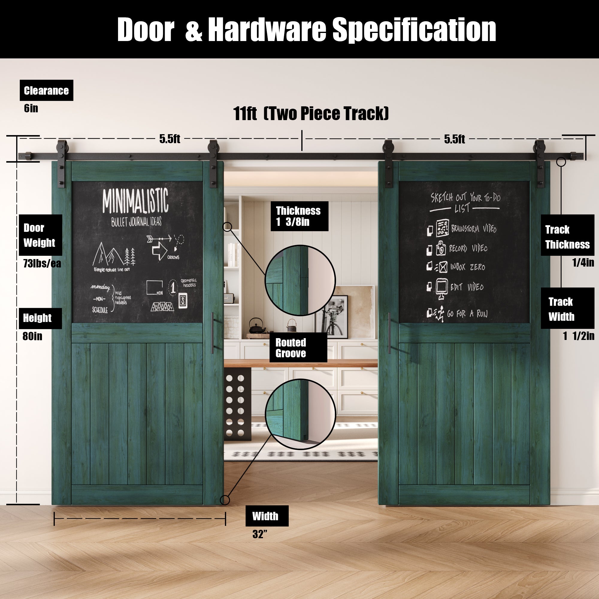 80" Height Royal Pine Top Chalkboard Panel Double Unassembled & Finished Pine Wood Barn Doors with Non-Bypass Installation Hardware Kit (Interior Use Only)