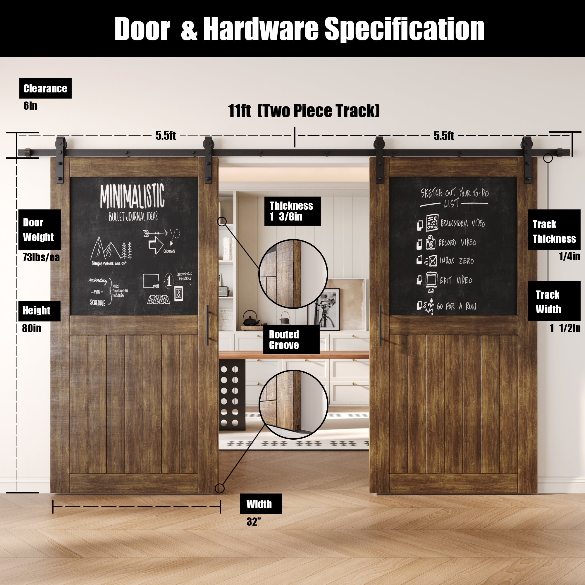 80" Height Dark Walnut Top Chalkboard Panel Double Unassembled & Finished Pine Wood Barn Doors with Non-Bypass Installation Hardware Kit (Interior Use Only)
