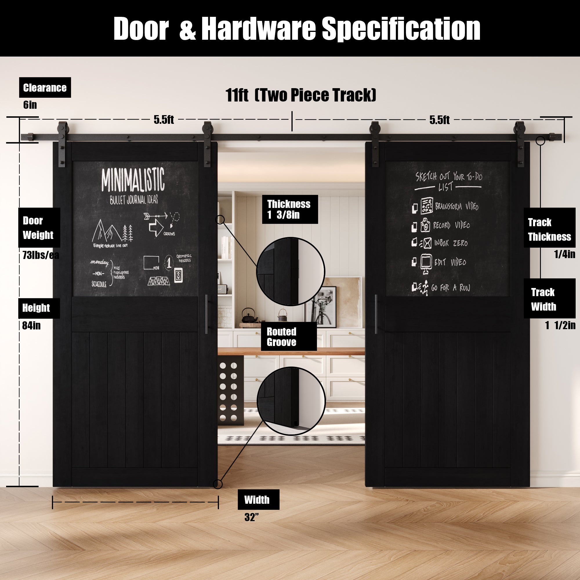 84" Height Black Top Chalkboard Panel Double Unassembled & Finished Pine Wood Barn Doors with Non-Bypass Installation Hardware Kit (Interior Use Only)