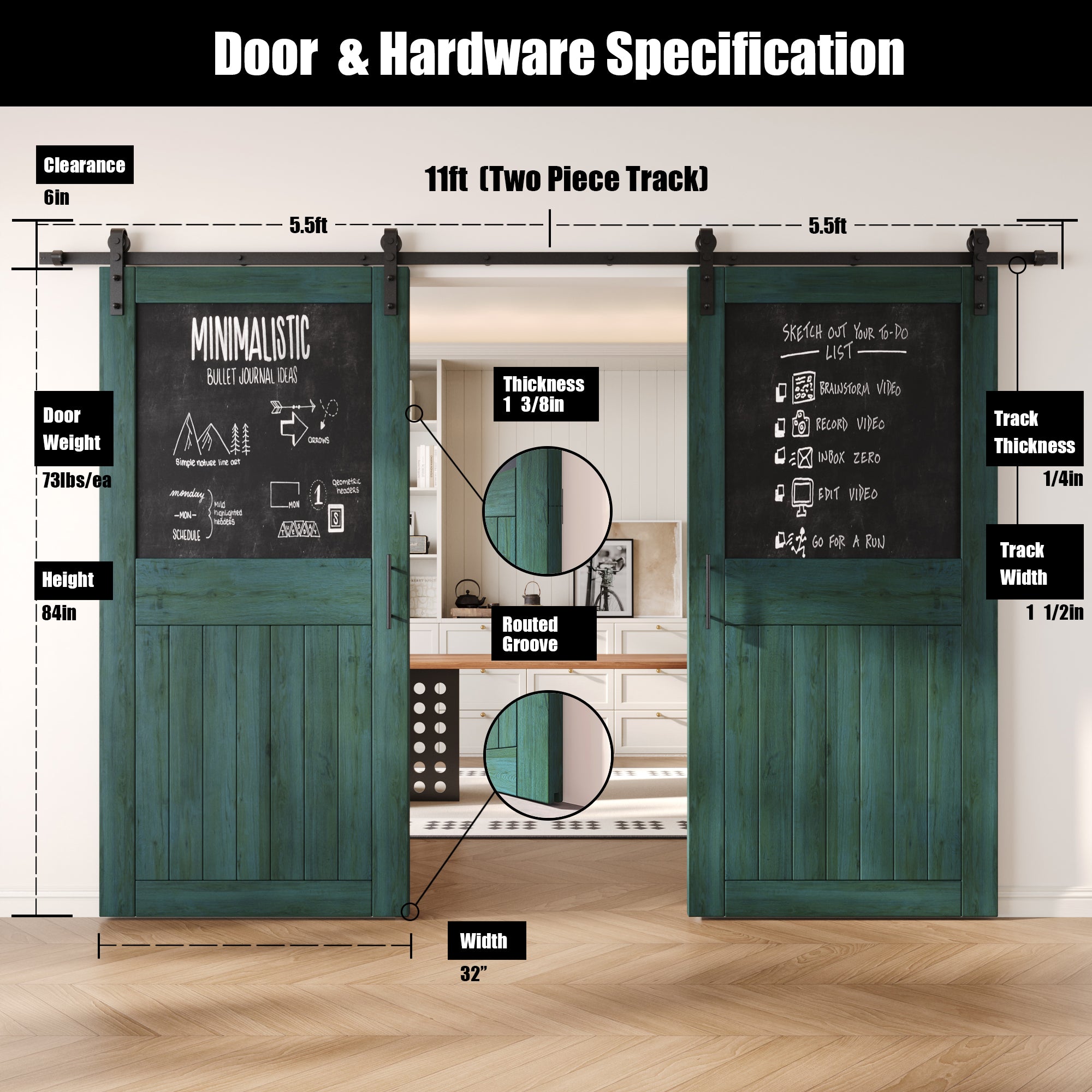 84" Height Royal Pine Top Chalkboard Panel Double Unassembled & Finished Pine Wood Barn Doors with Non-Bypass Installation Hardware Kit (Interior Use Only)