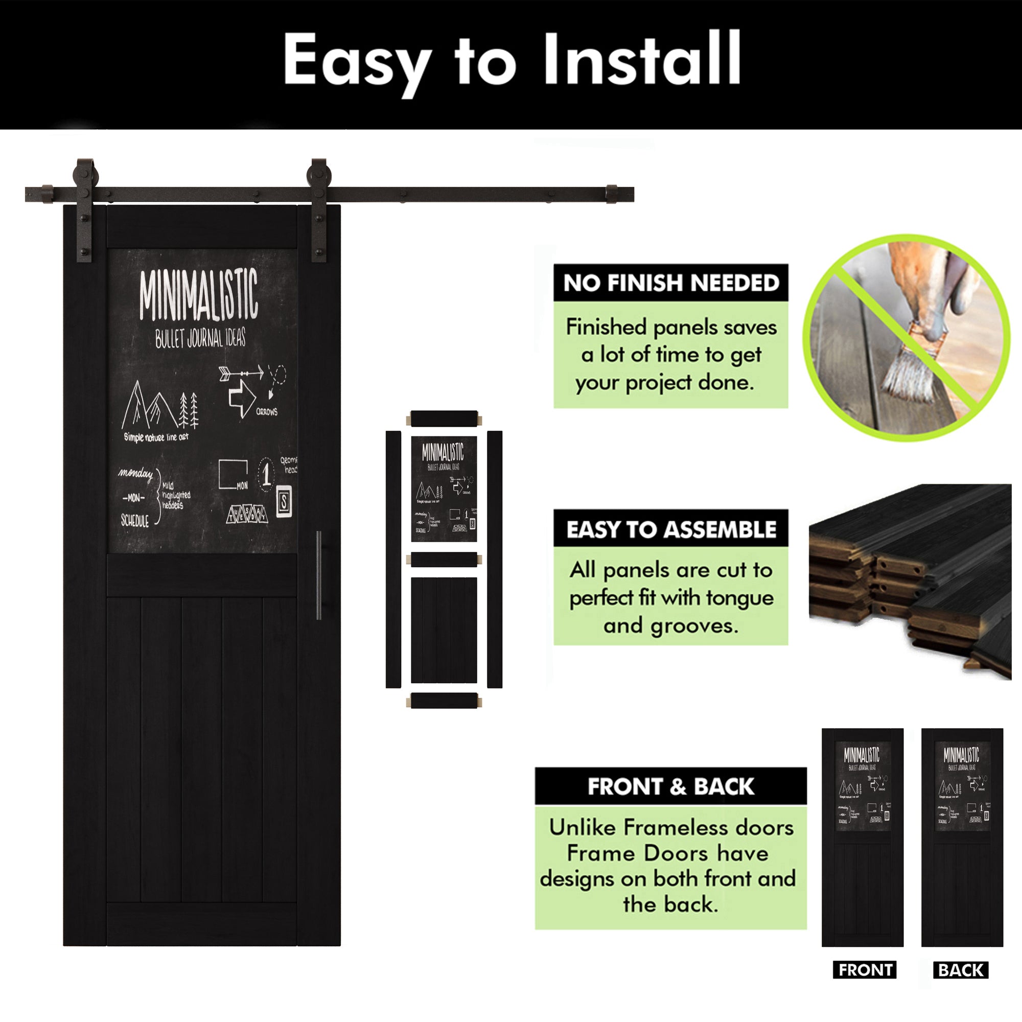80" Height Black Top Chalkboard Panel Double Unassembled & Finished Pine Wood Barn Doors with Non-Bypass Installation Hardware Kit (Interior Use Only)