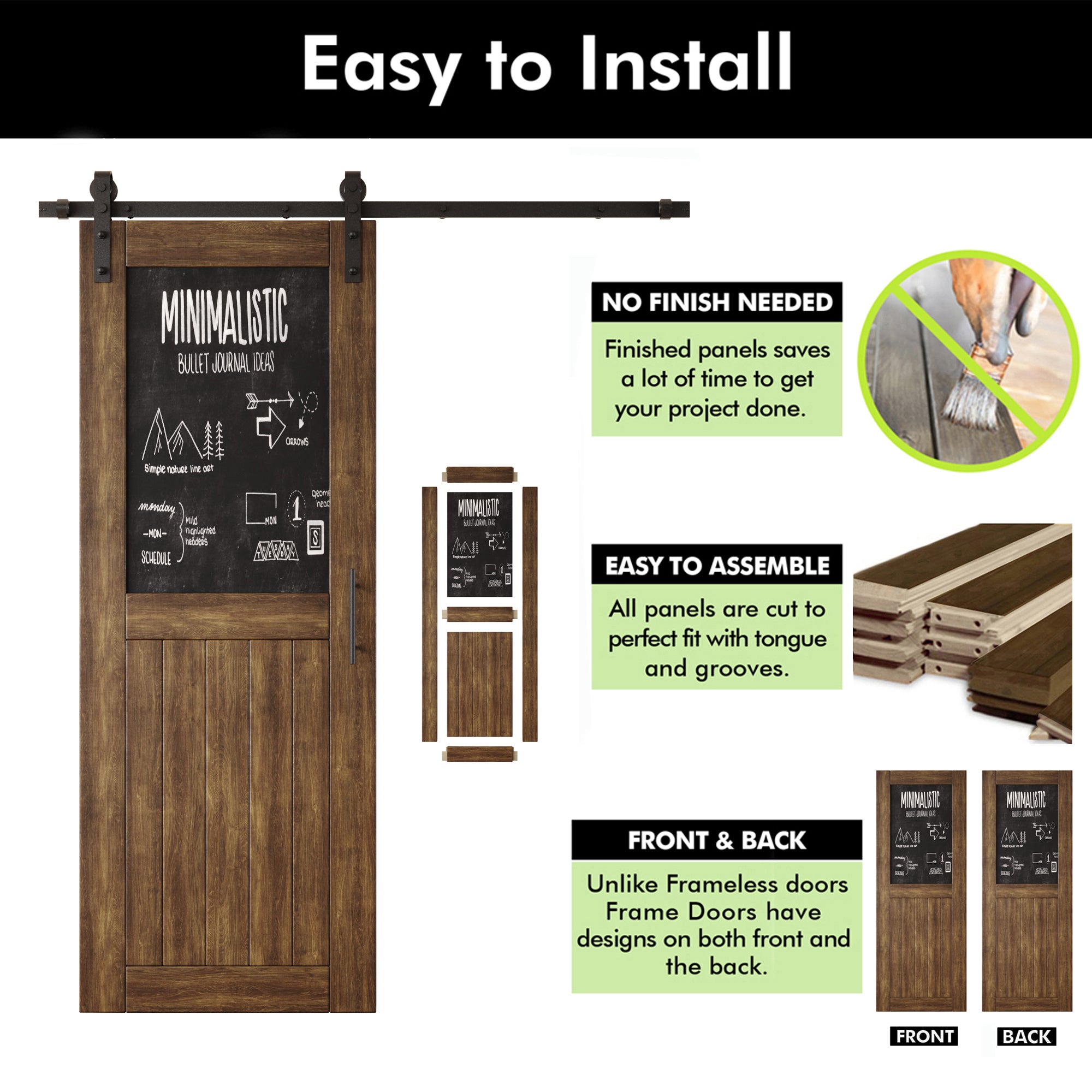 80" Height Dark Walnut Top Chalkboard Panel Double Unassembled & Finished Pine Wood Barn Doors with Non-Bypass Installation Hardware Kit (Interior Use Only)