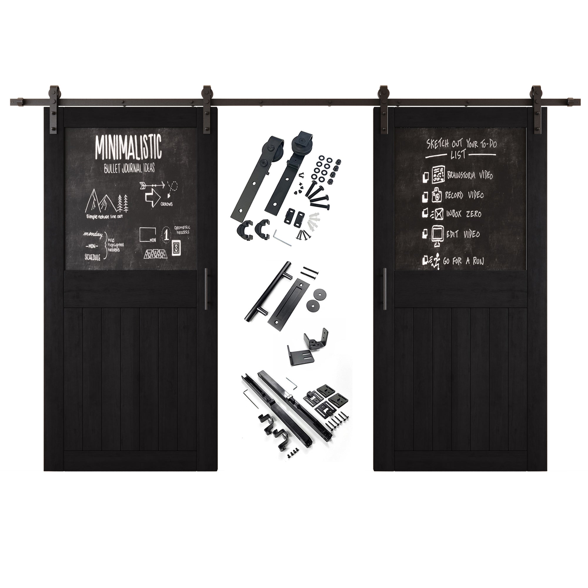 84" Height Black Top Chalkboard Panel Double Unassembled & Finished Pine Wood Barn Doors with Non-Bypass Installation Hardware Kit (Interior Use Only)