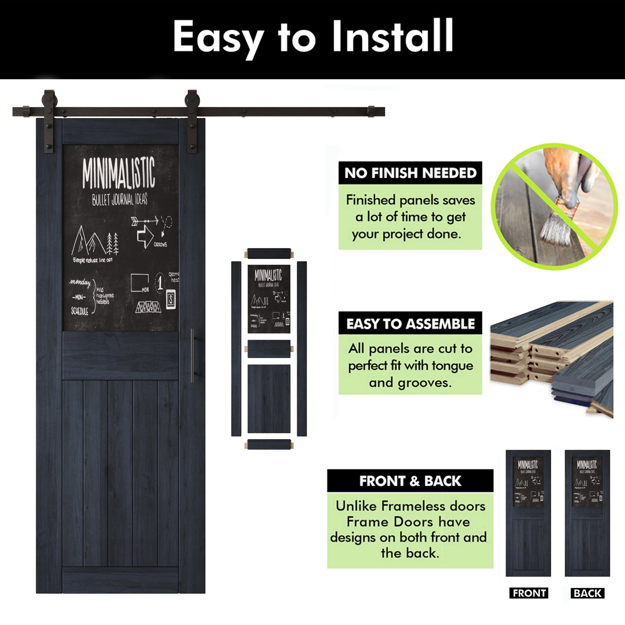84" Height Navy Top Chalkboard Panel Double Unassembled & Finished Pine Wood Barn Doors with Non-Bypass Installation Hardware Kit (Interior Use Only)