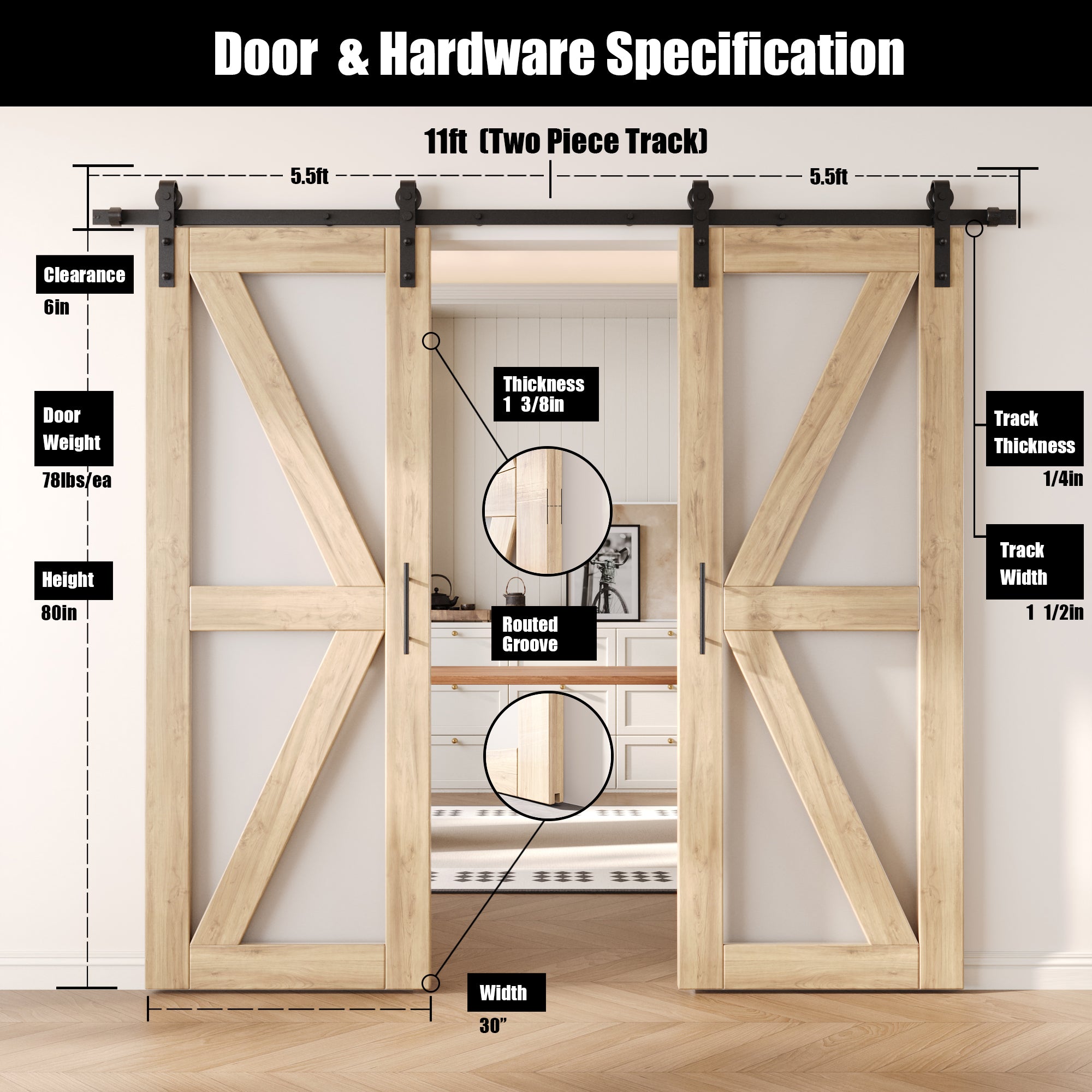 80" Height Arrow Pattern Glass Double Unassembled & Unfinished Pine Wood Barn Doors with Non-Bypass Installation Hardware Kit (Interior Use Only)