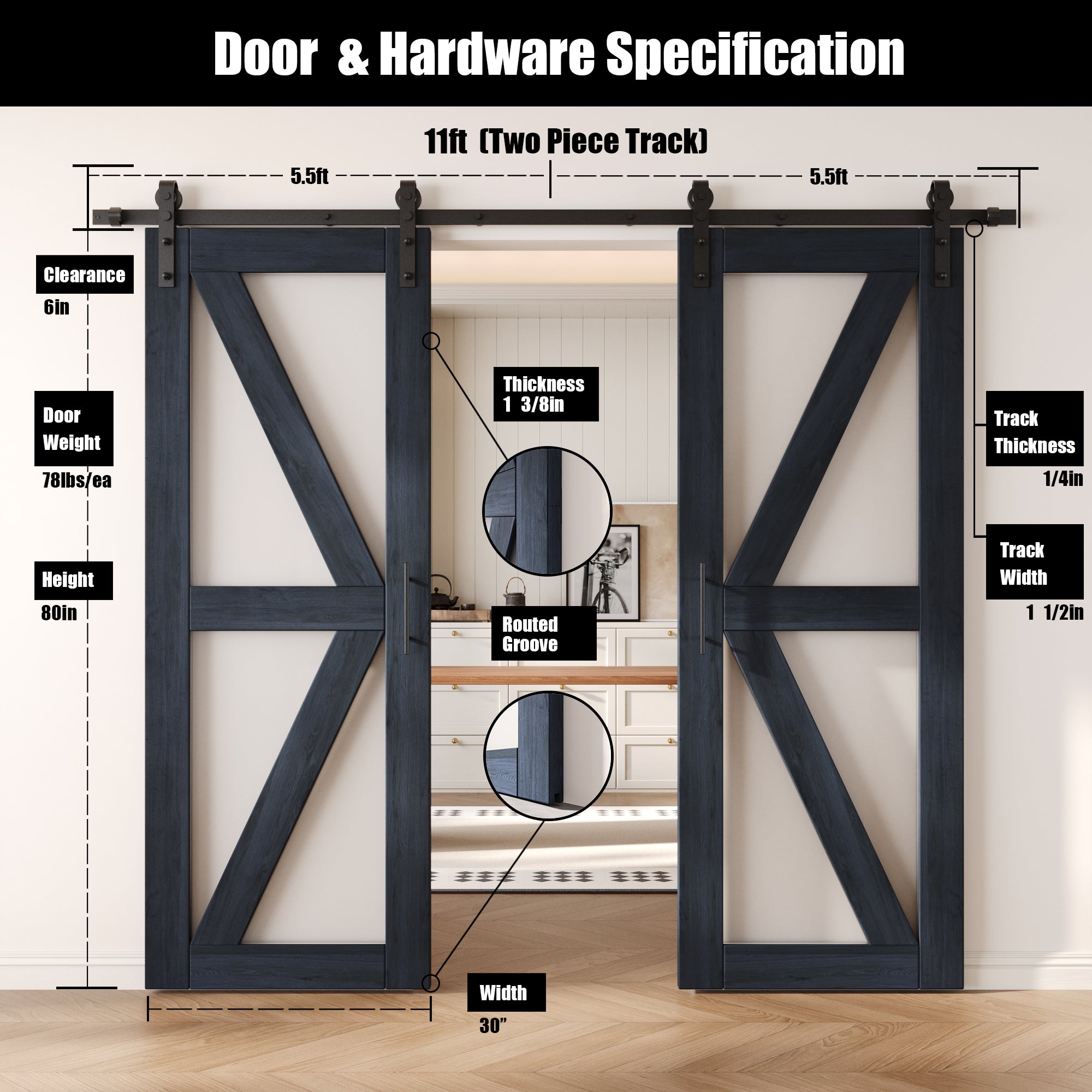 80" Height Navy Arrow Pattern Glass Double Unassembled & Finished Pine Wood Barn Doors with Non-Bypass Installation Hardware Kit (Interior Use Only)