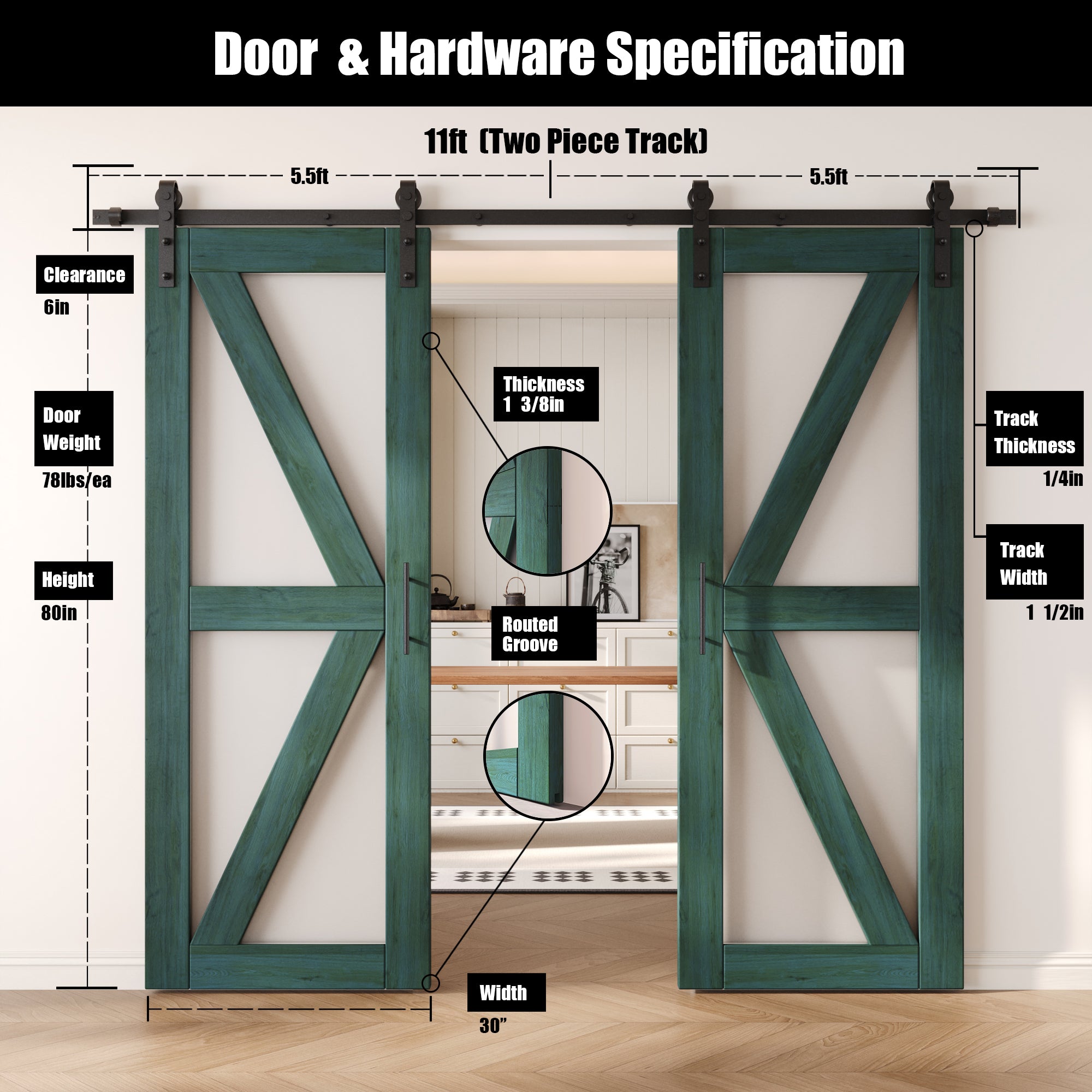 80" Height Royal Pine Arrow Pattern Glass Double Unassembled & Finished Pine Wood Barn Doors with Non-Bypass Installation Hardware Kit (Interior Use Only)