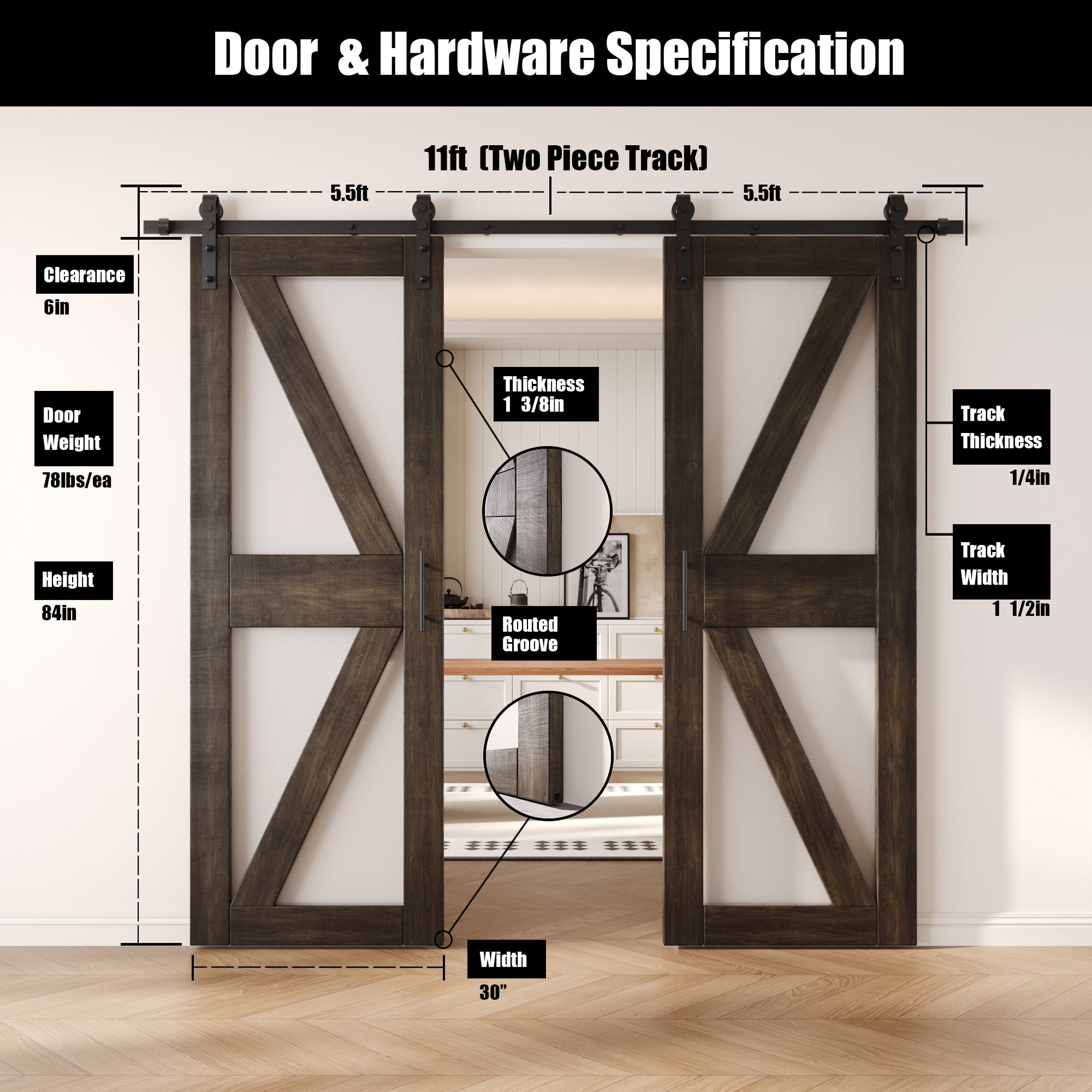 84" Height Ebony Arrow Pattern Glass Double Unassembled & Finished Pine Wood Barn Doors with Non-Bypass Installation Hardware Kit (Interior Use Only)