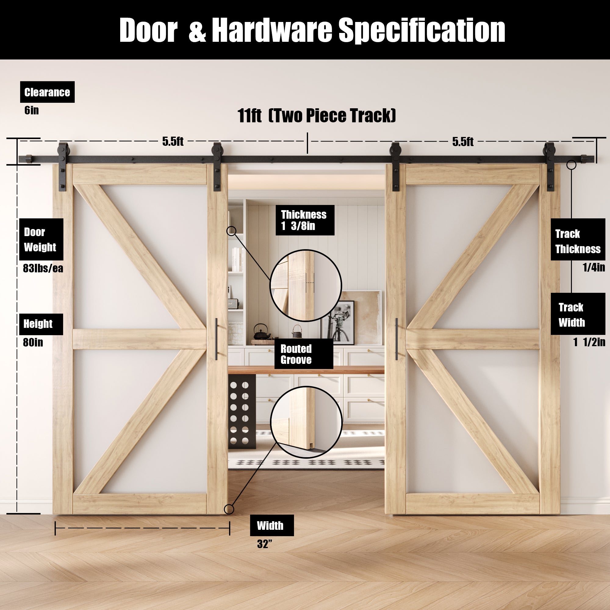 80" Height Arrow Pattern Glass Double Unassembled & Unfinished Pine Wood Barn Doors with Non-Bypass Installation Hardware Kit (Interior Use Only)