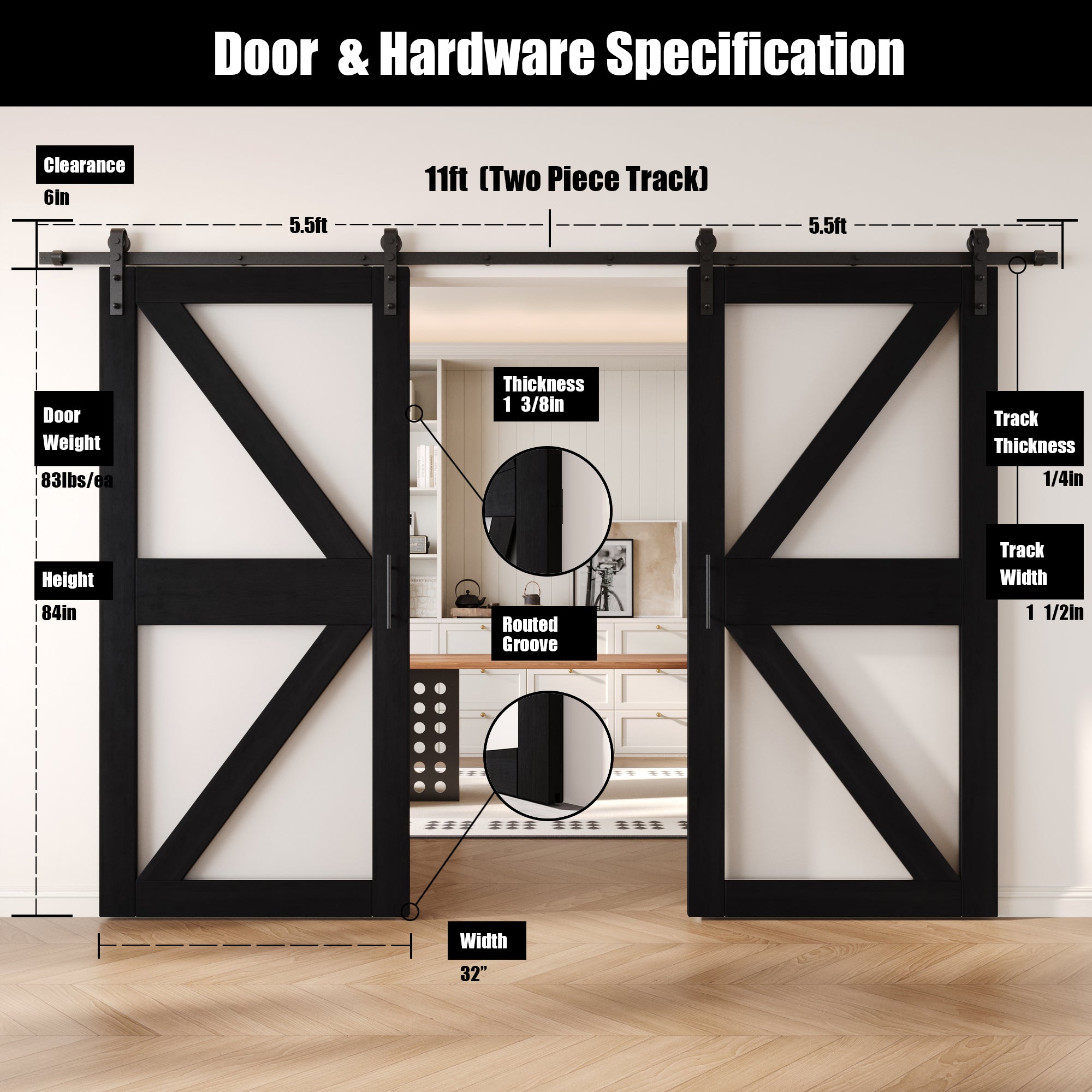 84" Height Black Frosted Glass Arrow Design Double Unassembled & Finished Pine Wood Barn Doors with Non-Bypass Installation Hardware Kit (Interior Use Only)