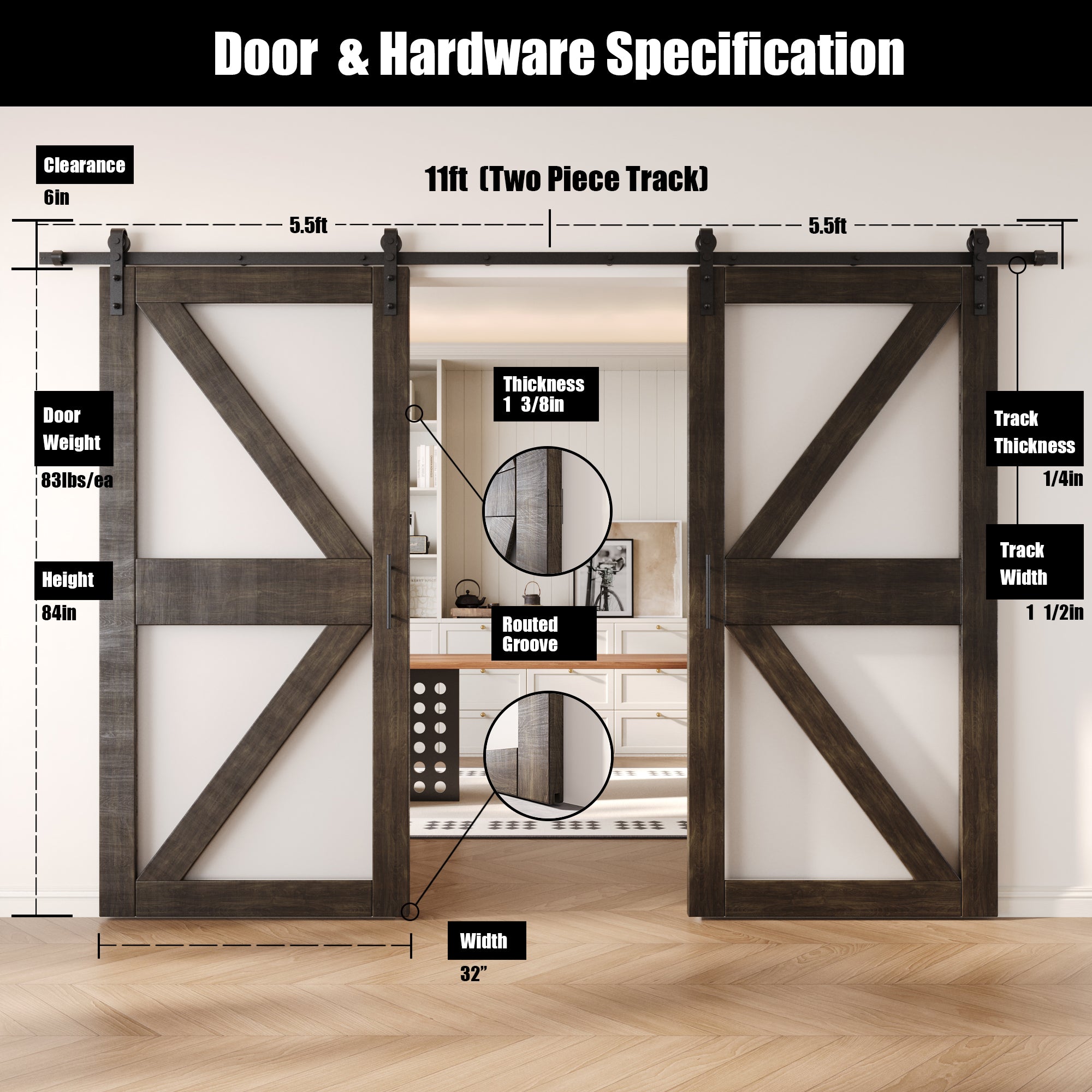 84" Height Ebony Arrow Pattern Glass Double Unassembled & Finished Pine Wood Barn Doors with Non-Bypass Installation Hardware Kit (Interior Use Only)
