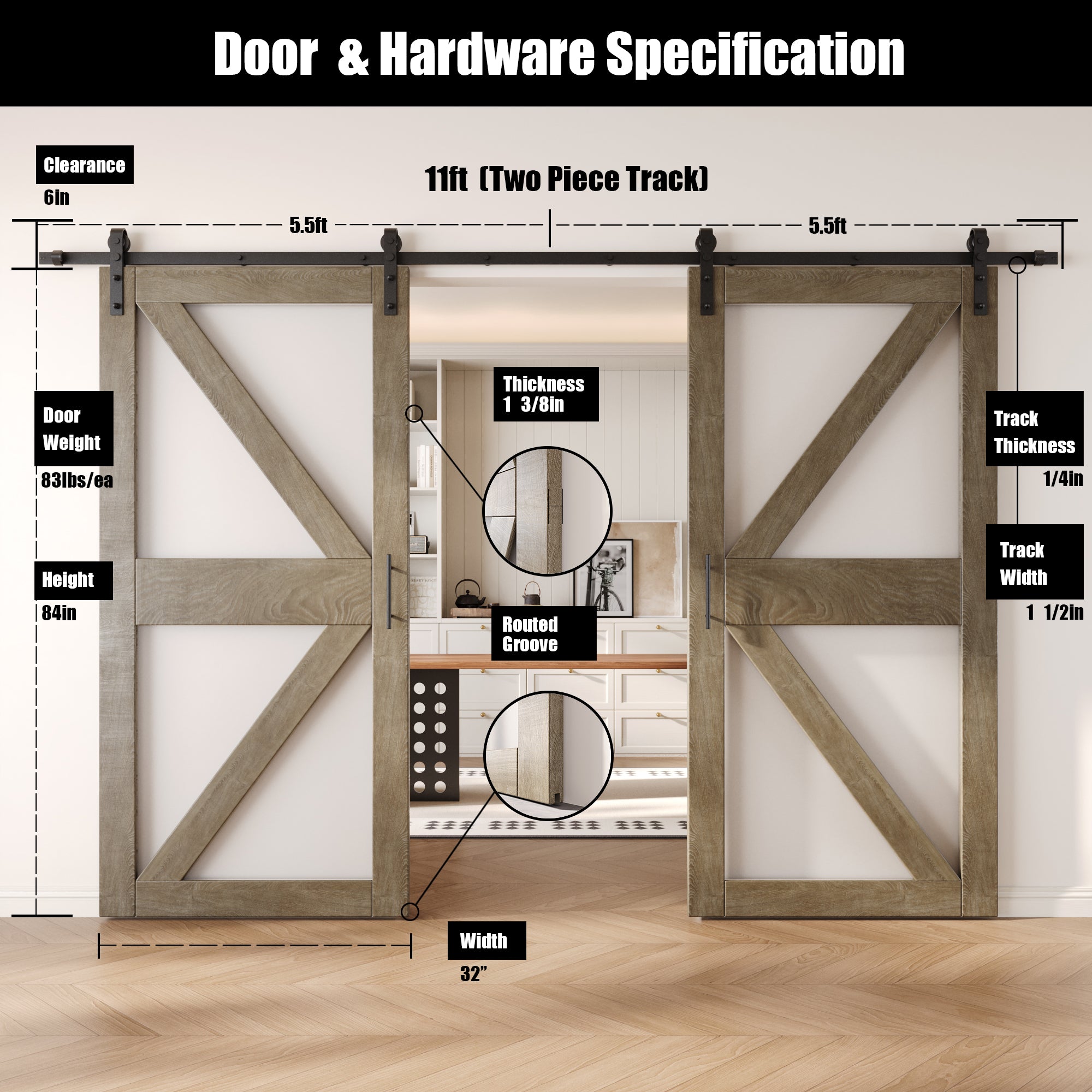 84" Height Classic Gray Arrow Pattern Glass Double Unassembled & Finished Pine Wood Barn Doors with Non-Bypass Installation Hardware Kit (Interior Use Only)