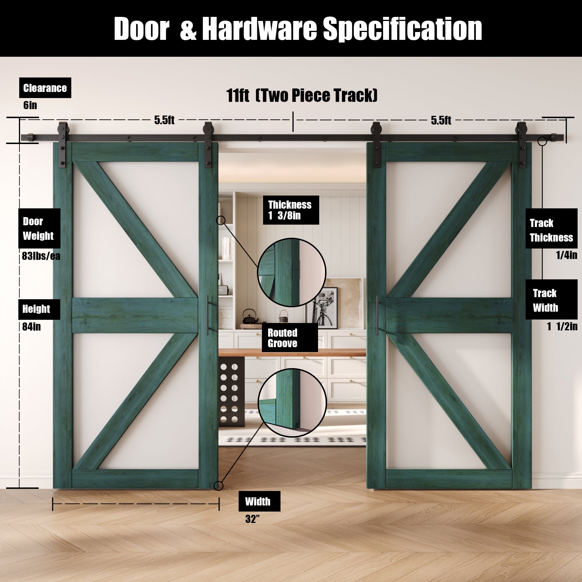 84" Height Royal Pine Arrow Pattern Glass Double Unassembled & Finished Pine Wood Barn Doors with Non-Bypass Installation Hardware Kit (Interior Use Only)