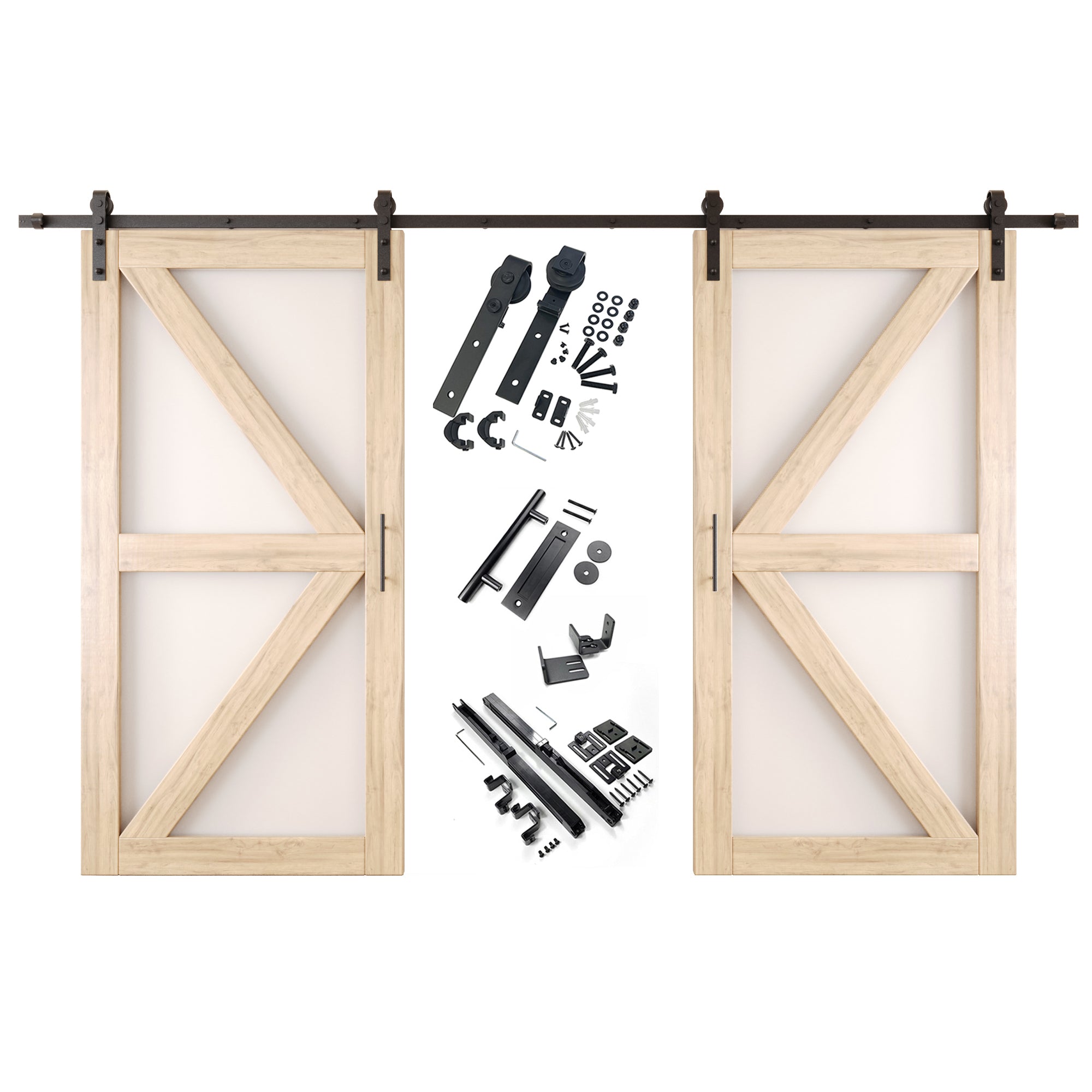80" Height Frosted Glass Arrow Design Double Unassembled & Unfinished Pine Wood Barn Doors with Non-Bypass Installation Hardware Kit (Interior Use Only)
