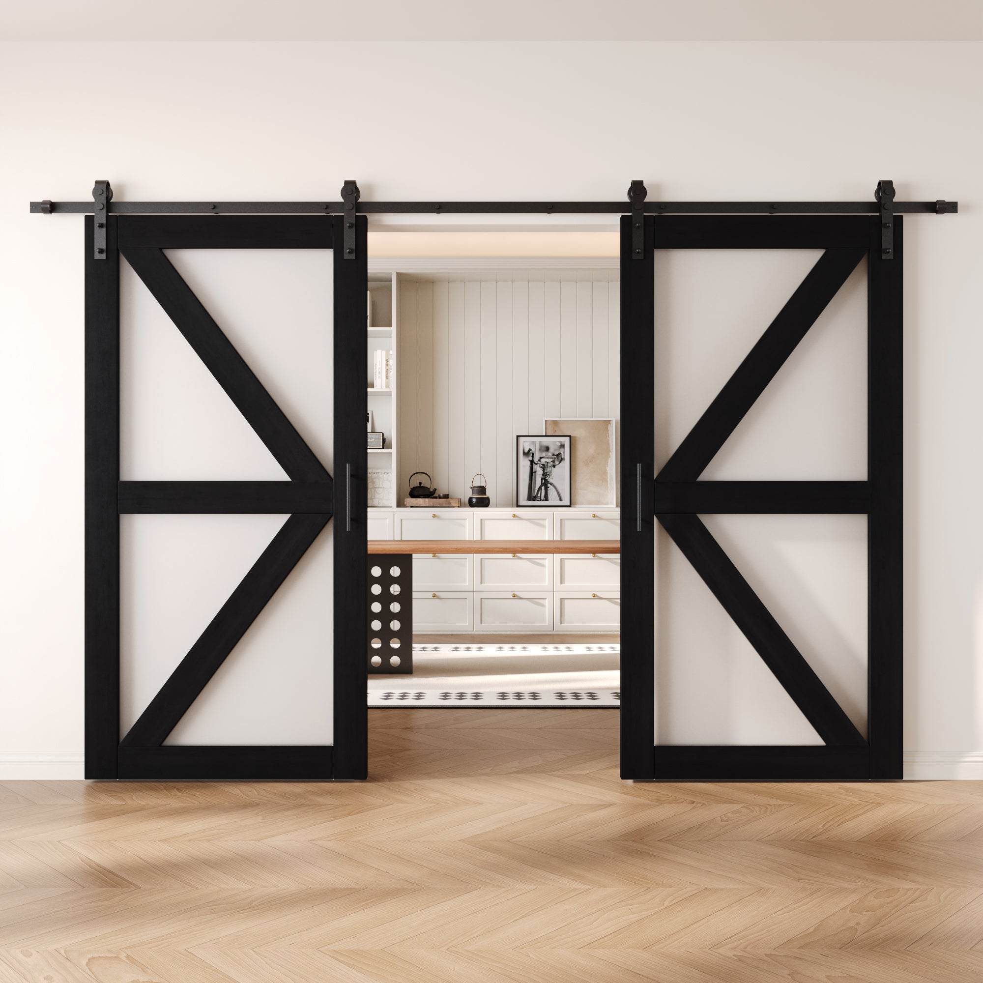 80" Height Black Frosted Glass Arrow Design Double Unassembled & Finished Pine Wood Barn Doors with Non-Bypass Installation Hardware Kit (Interior Use Only)