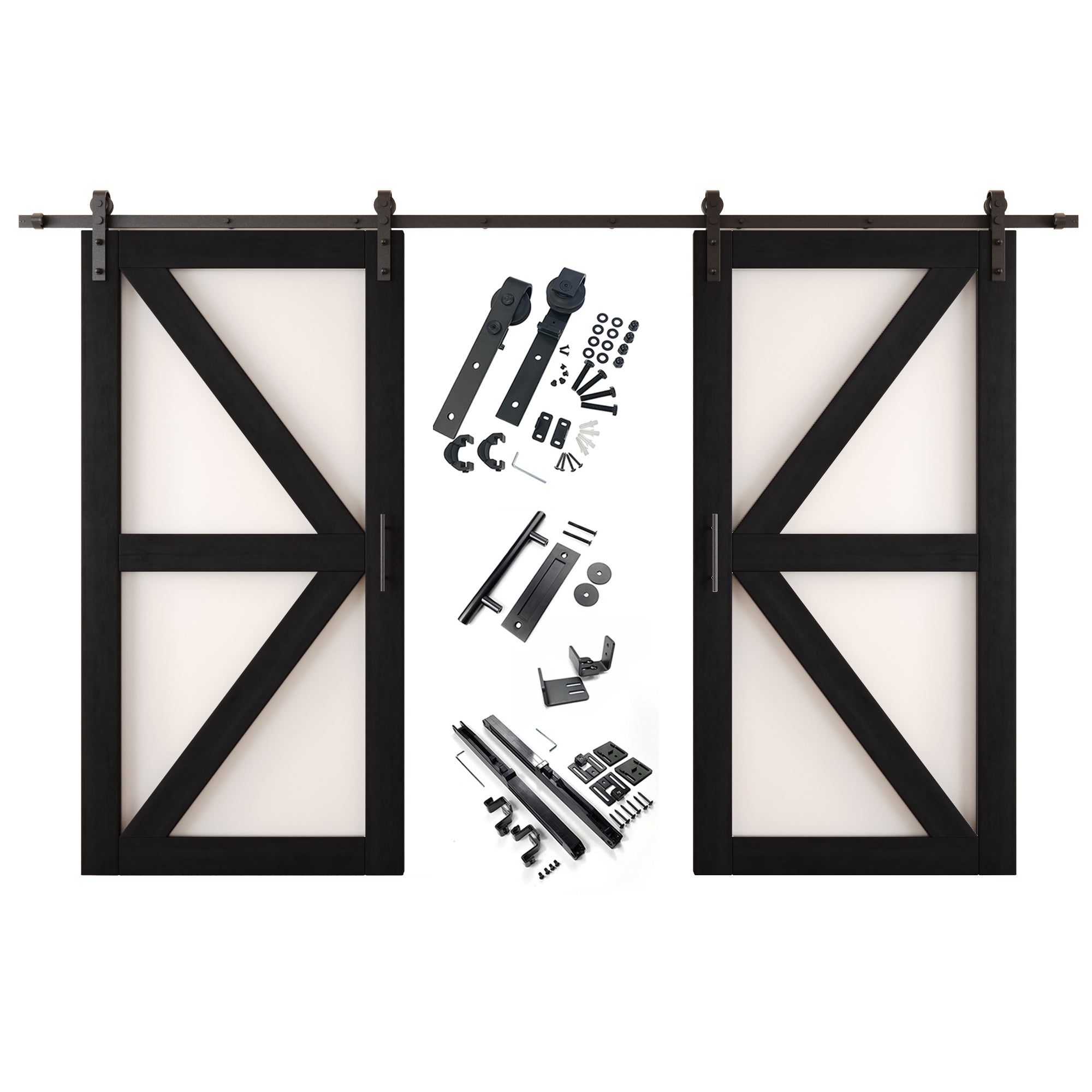 80" Height Black Frosted Glass Arrow Design Double Unassembled & Finished Pine Wood Barn Doors with Non-Bypass Installation Hardware Kit (Interior Use Only)