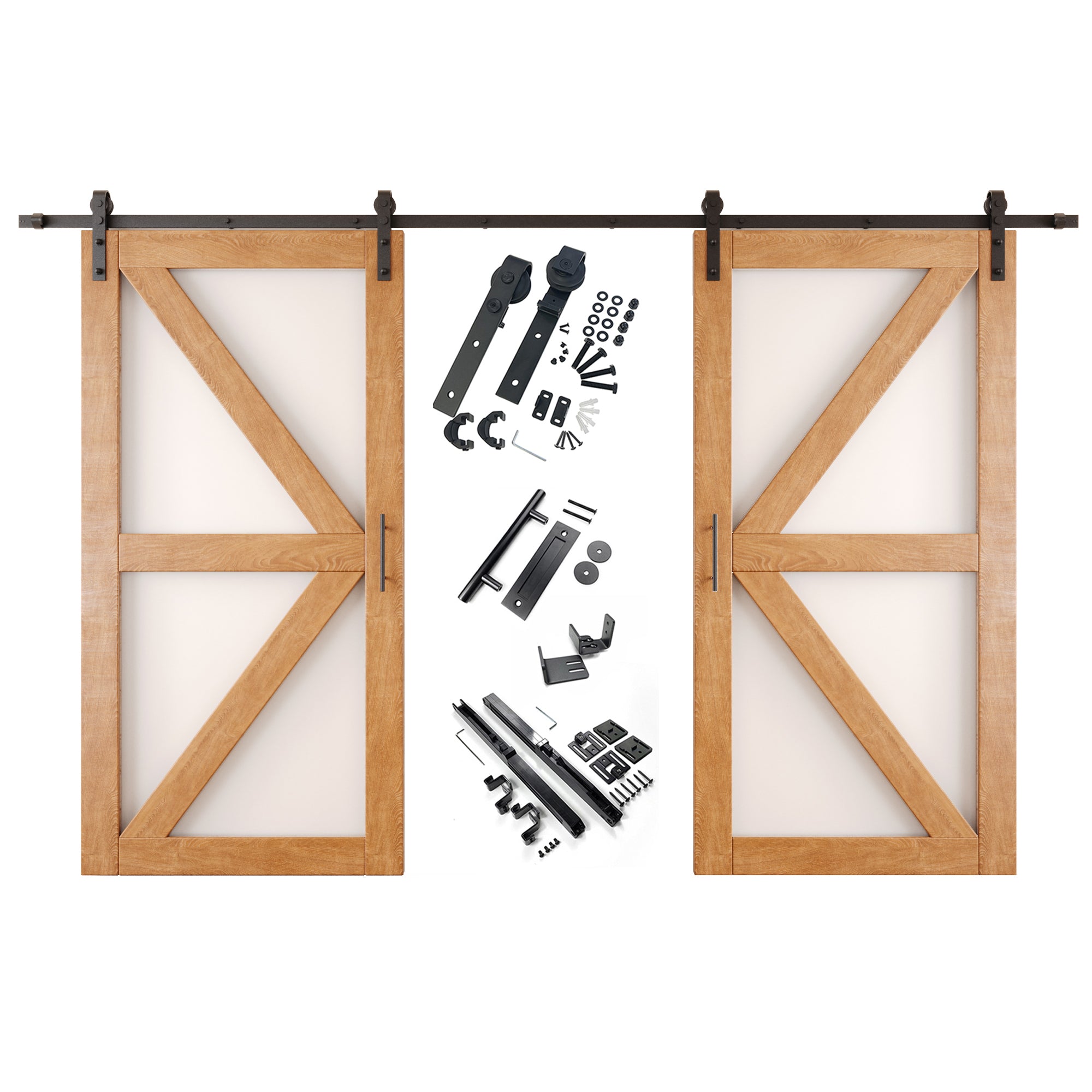80" Height Early American Frosted Glass Arrow Design Double Unassembled & Finished Pine Wood Barn Doors with Non-Bypass Installation Hardware Kit (Interior Use Only)