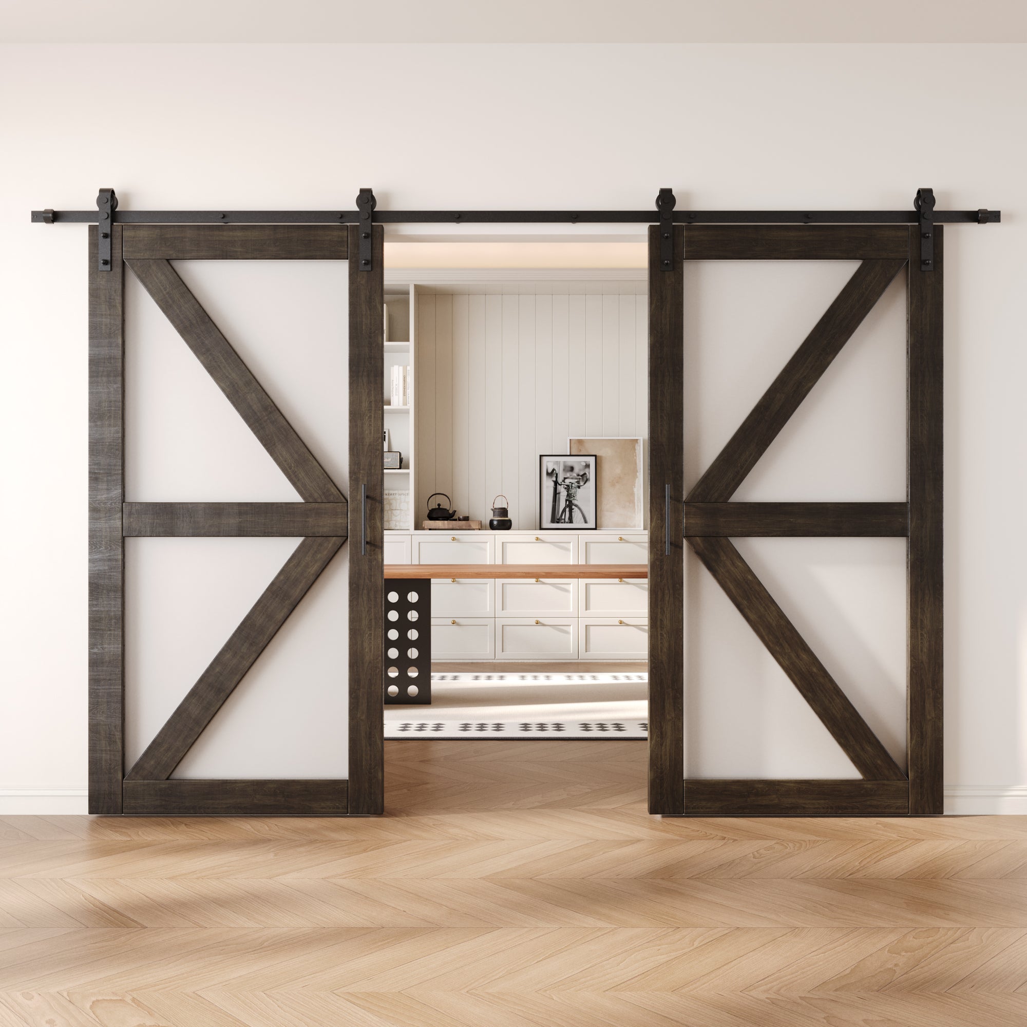 80" Height Ebony Frosted Glass Arrow Design Double Unassembled & Finished Pine Wood Barn Doors with Non-Bypass Installation Hardware Kit (Interior Use Only)