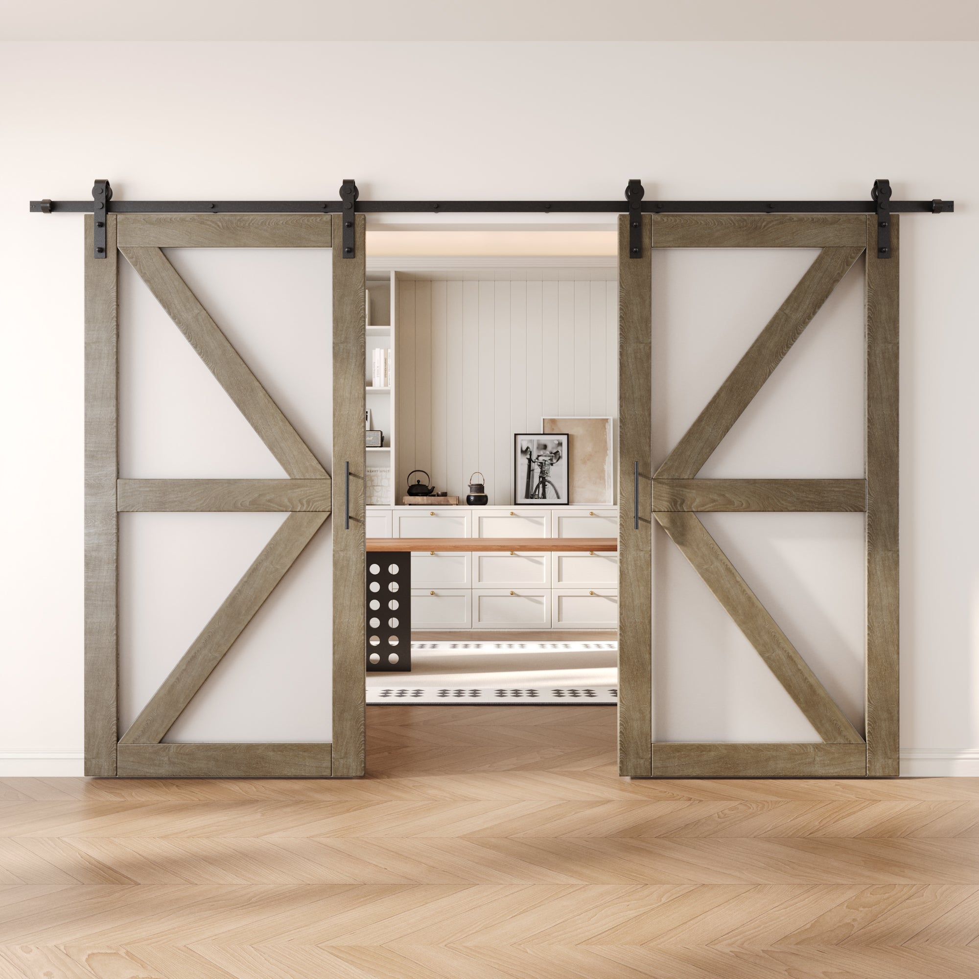 80" Height Classic Gray Frosted Glass Arrow Design Double Unassembled & Finished Pine Wood Barn Doors with Non-Bypass Installation Hardware Kit (Interior Use Only)