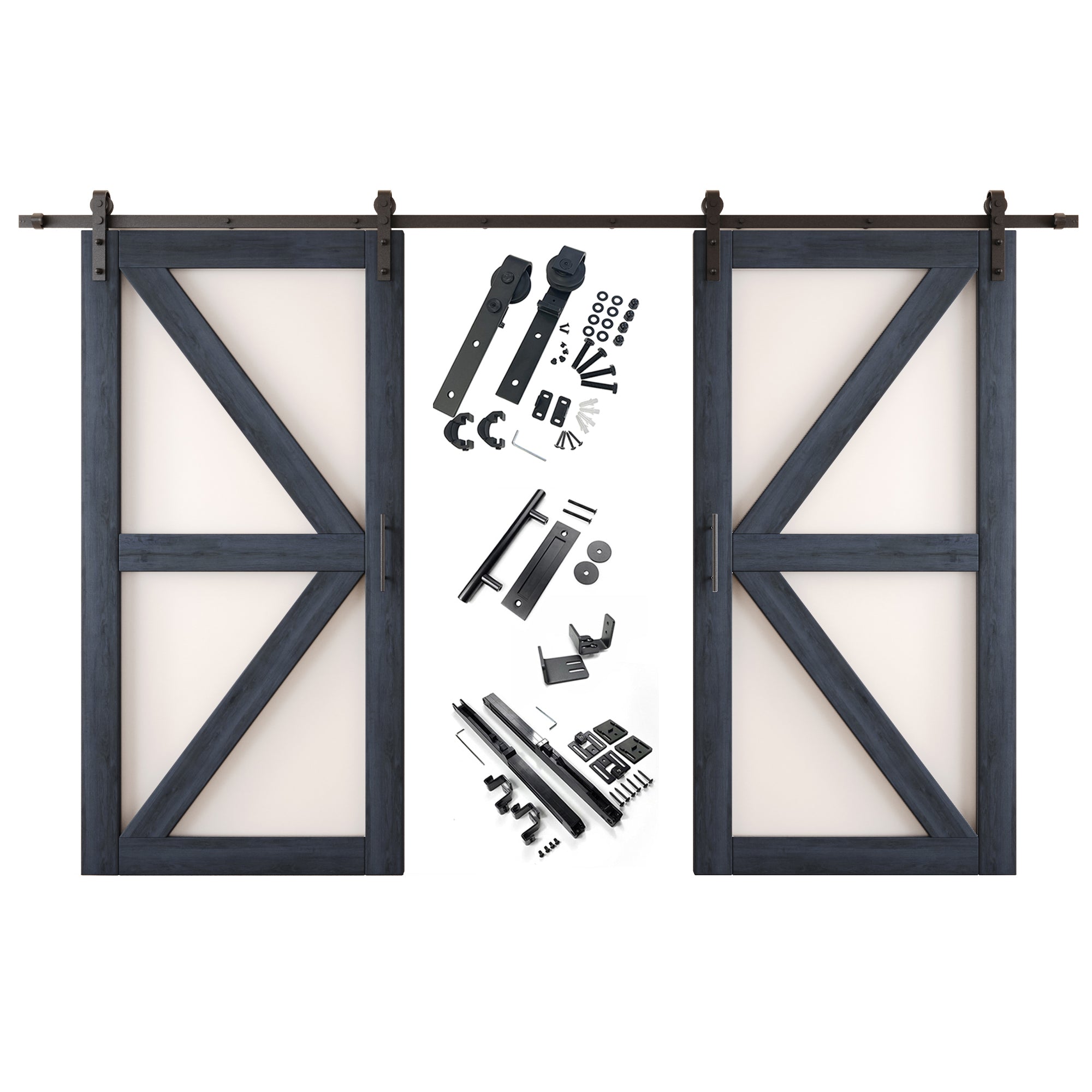 80" Height Navy Frosted Glass Arrow Design Double Unassembled & Finished Pine Wood Barn Doors with Non-Bypass Installation Hardware Kit (Interior Use Only)
