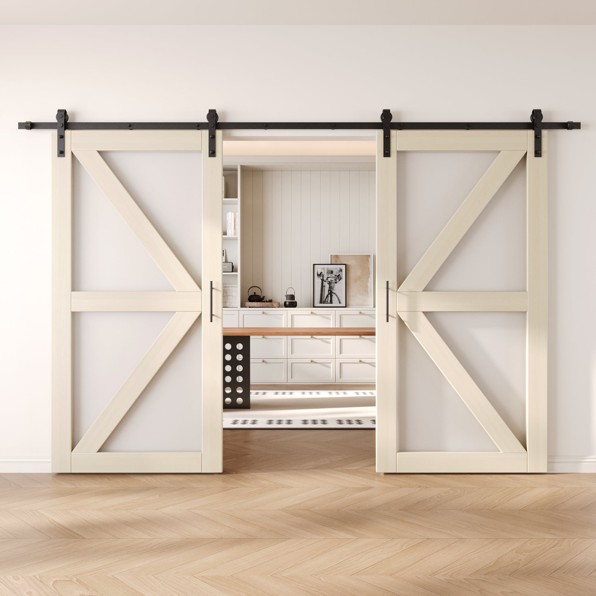 80" Height Tinsmith Gray Frosted Glass Arrow Design Double Unassembled & Finished Pine Wood Barn Doors with Non-Bypass Installation Hardware Kit (Interior Use Only)