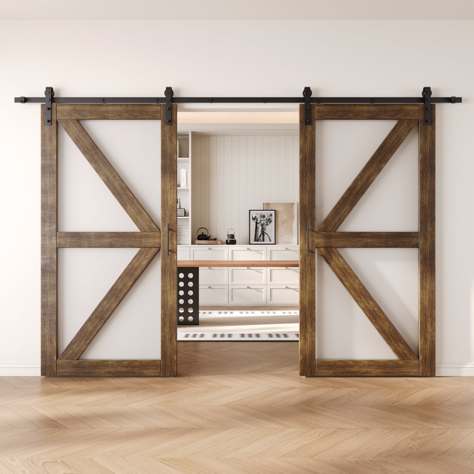 80" Height Dark Walnut Frosted Glass Arrow Design Double Unassembled & Finished Pine Wood Barn Doors with Non-Bypass Installation Hardware Kit (Interior Use Only)
