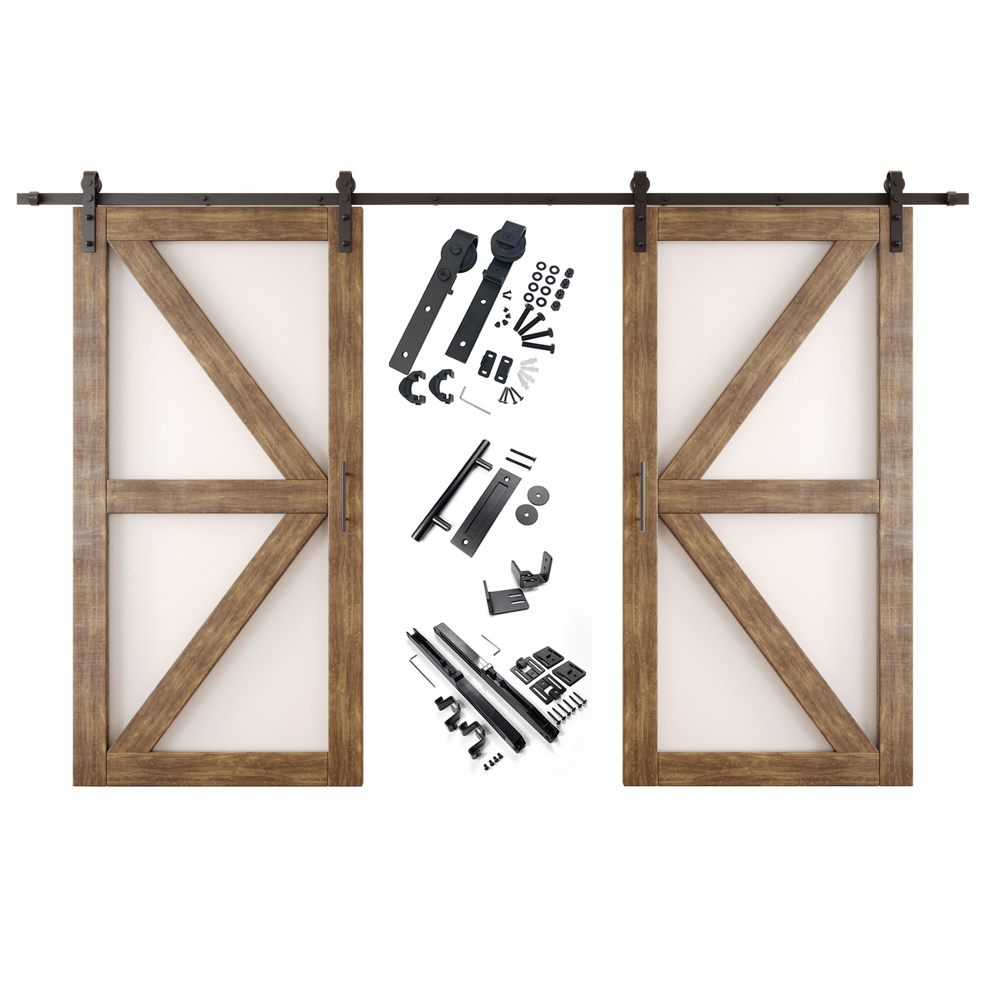 80" Height Dark Walnut Frosted Glass Arrow Design Double Unassembled & Finished Pine Wood Barn Doors with Non-Bypass Installation Hardware Kit (Interior Use Only)